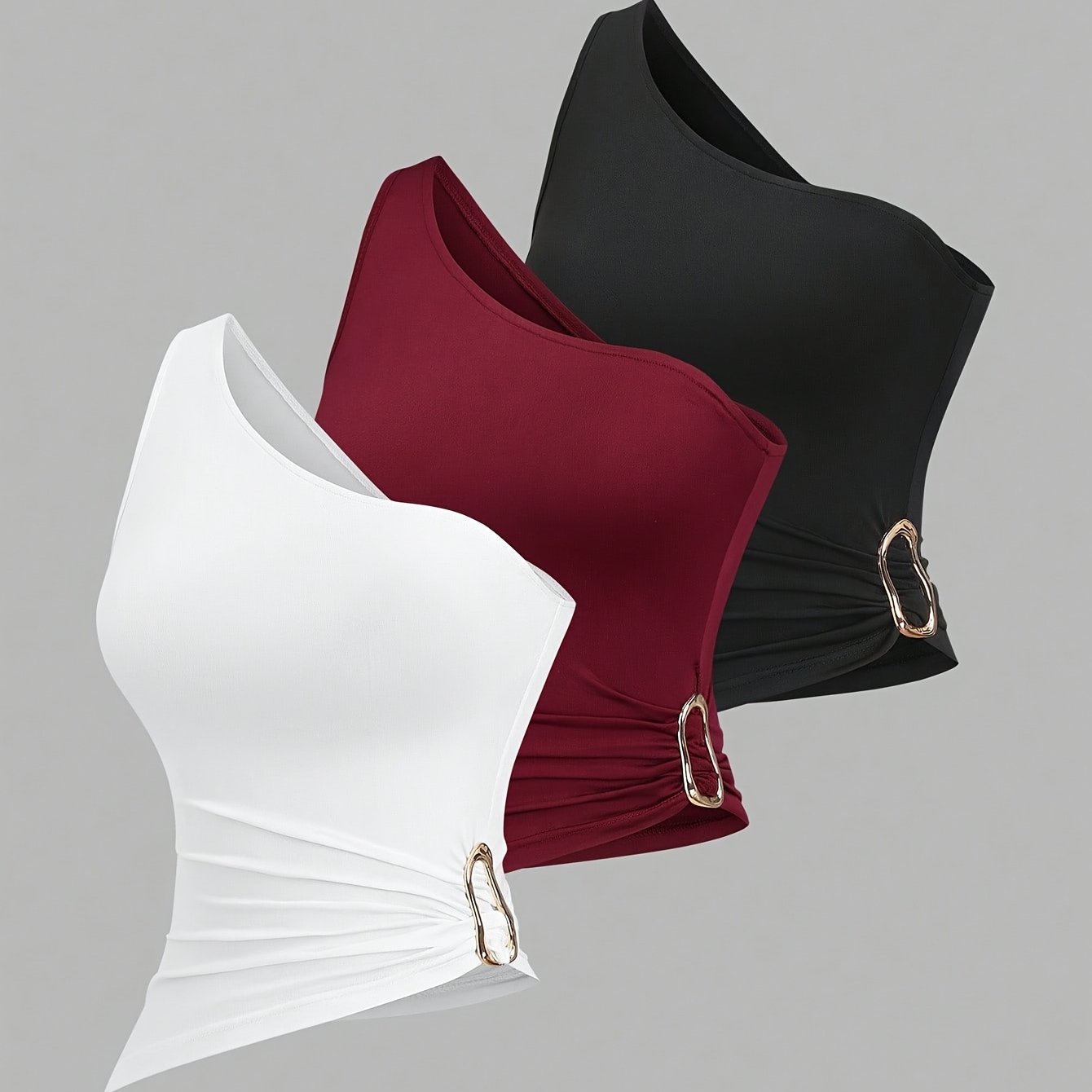 TEMU 3pcs Set, Women's /summer Asymmetrical Collar One-shoulder Top With Metal Decoration, Suitable For Beach Vacation