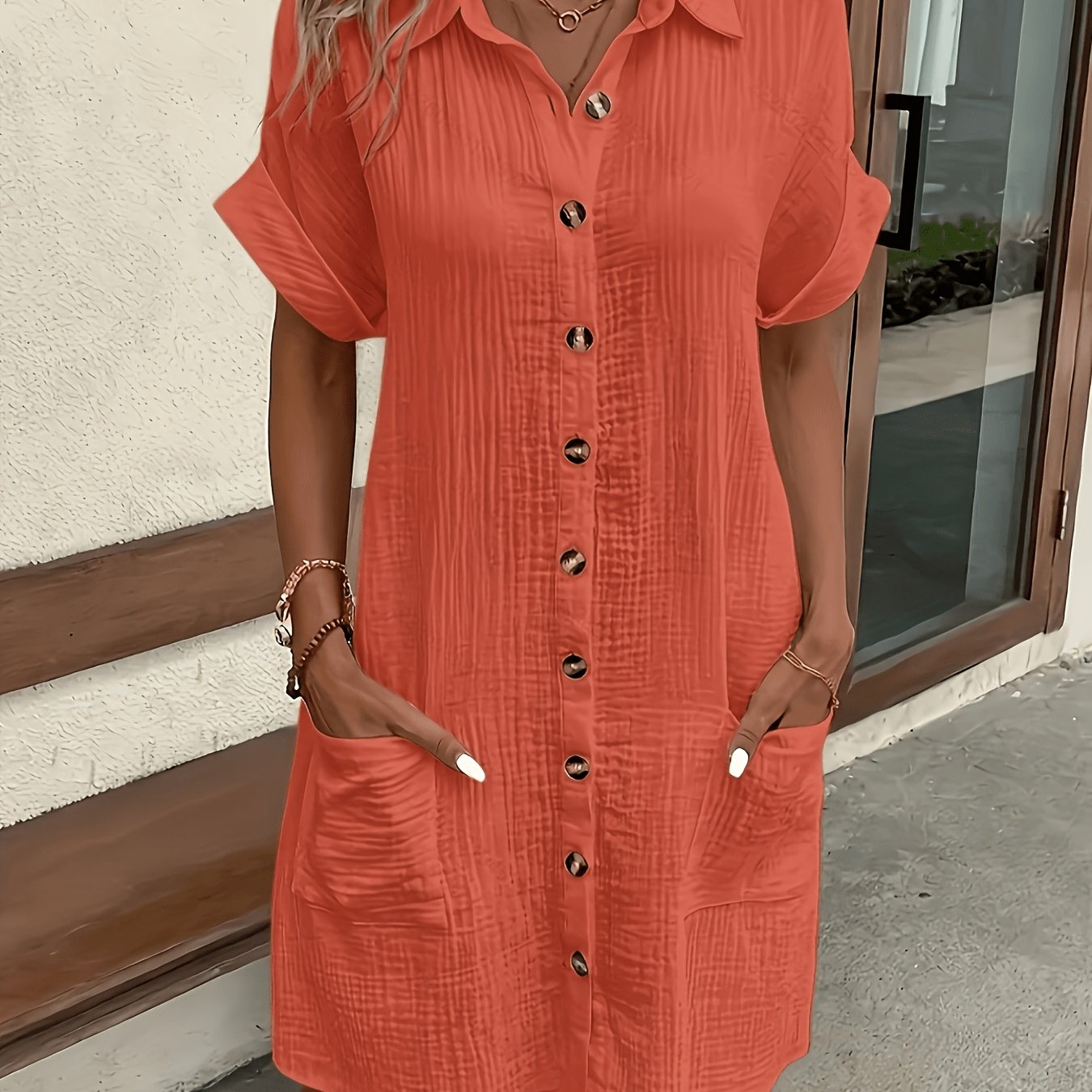 TEMU Women's Summer New Short Sleeve Lapel Button-pocket Dress Fashion Shirt Dress