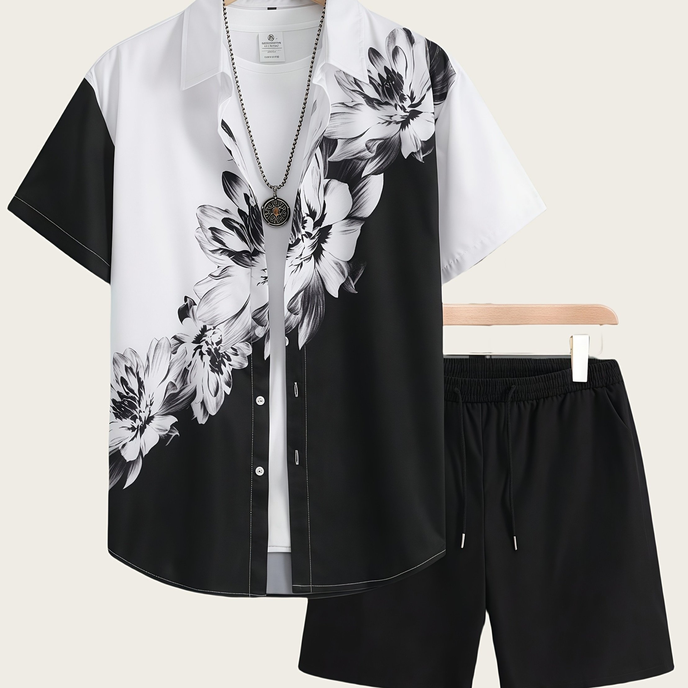 TEMU Men's Casual Outfit, A Shirt And Shorts Set, Featuring Unique Print Designs, Perfect For Outdoor , Comfortable And Breathable