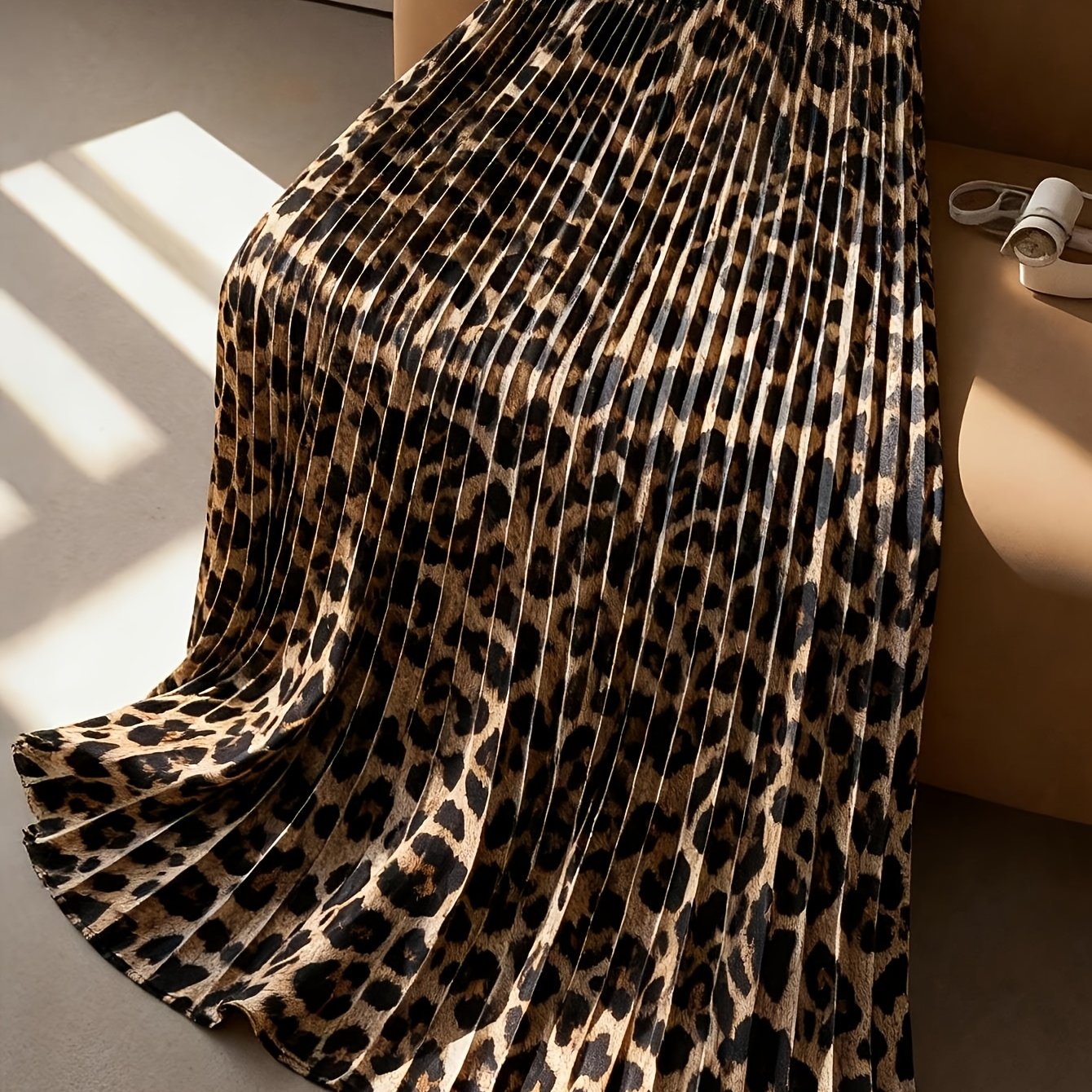 TEMU Cherry Light Mature Style Leopard Print Pleated Skirt High Waist Elastic Waist Drape Large Swing Long Skirt Midi Skirt