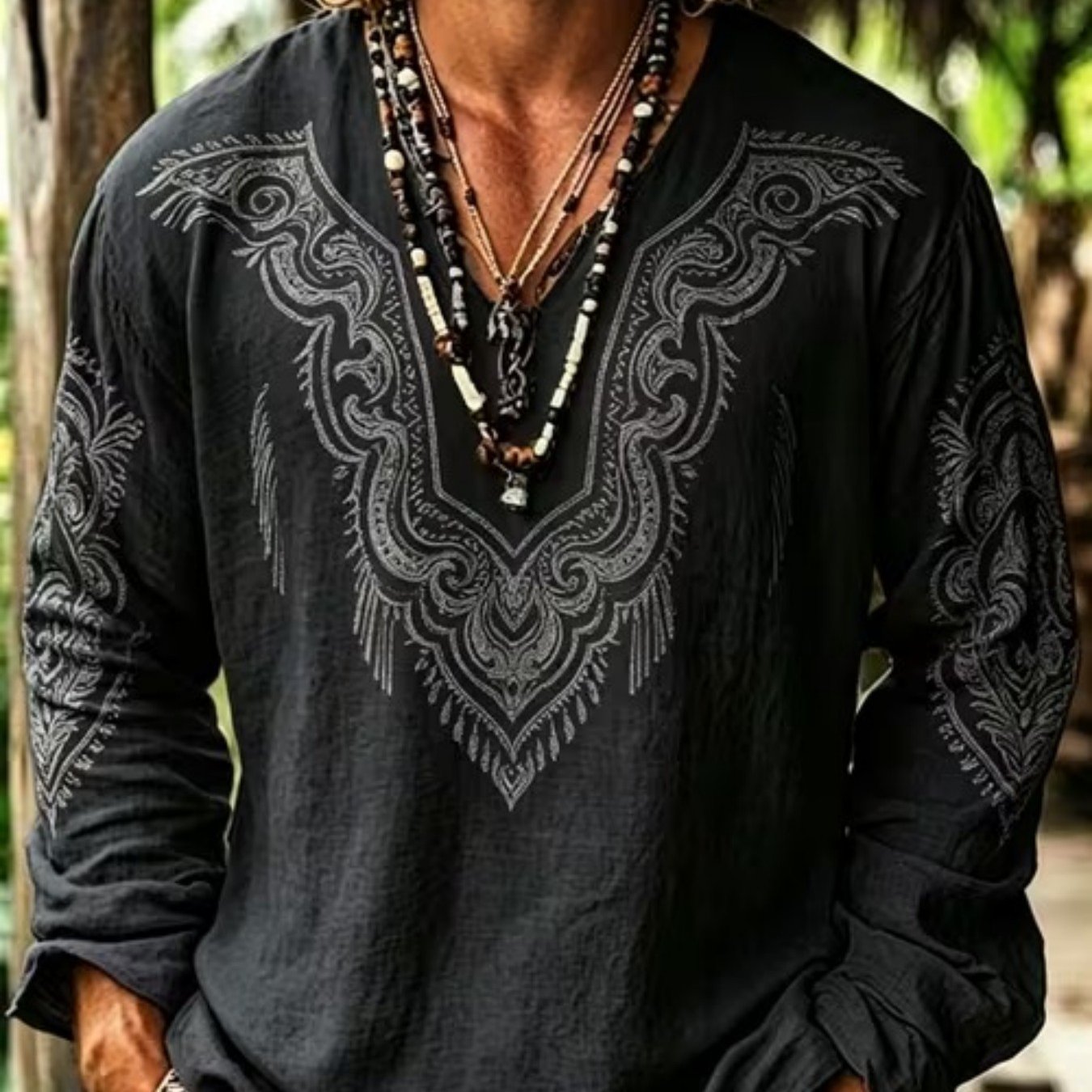 TEMU 's Bohemian Vacation V-neck Long-sleeved Shirt, Geometric Printing Design Trendy And Fashionable Men's , Fabric Skin-friendly, Suitable For