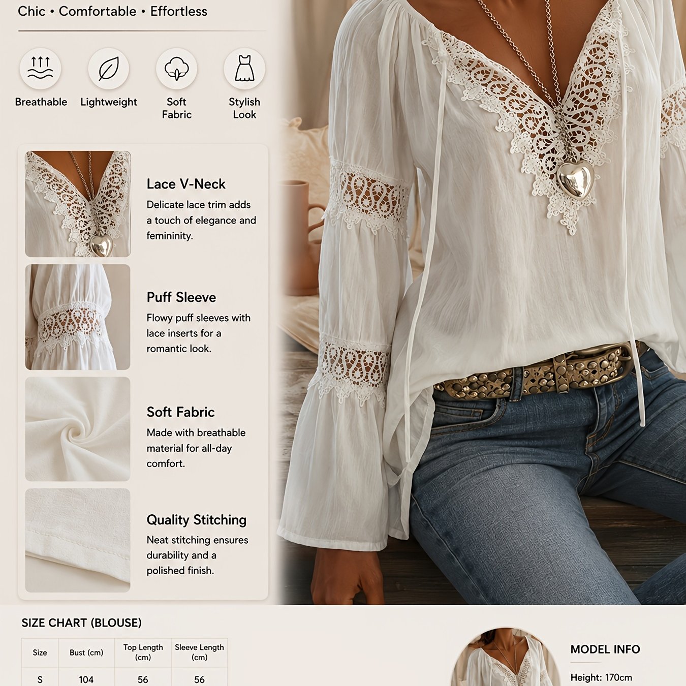 TEMU Women's Elegant Lace V-neck Blouse Shirt - Solid Color Long Sleeve Blouse With Lace Collar & V-neck, Machine Washable Suitable For Commuting,