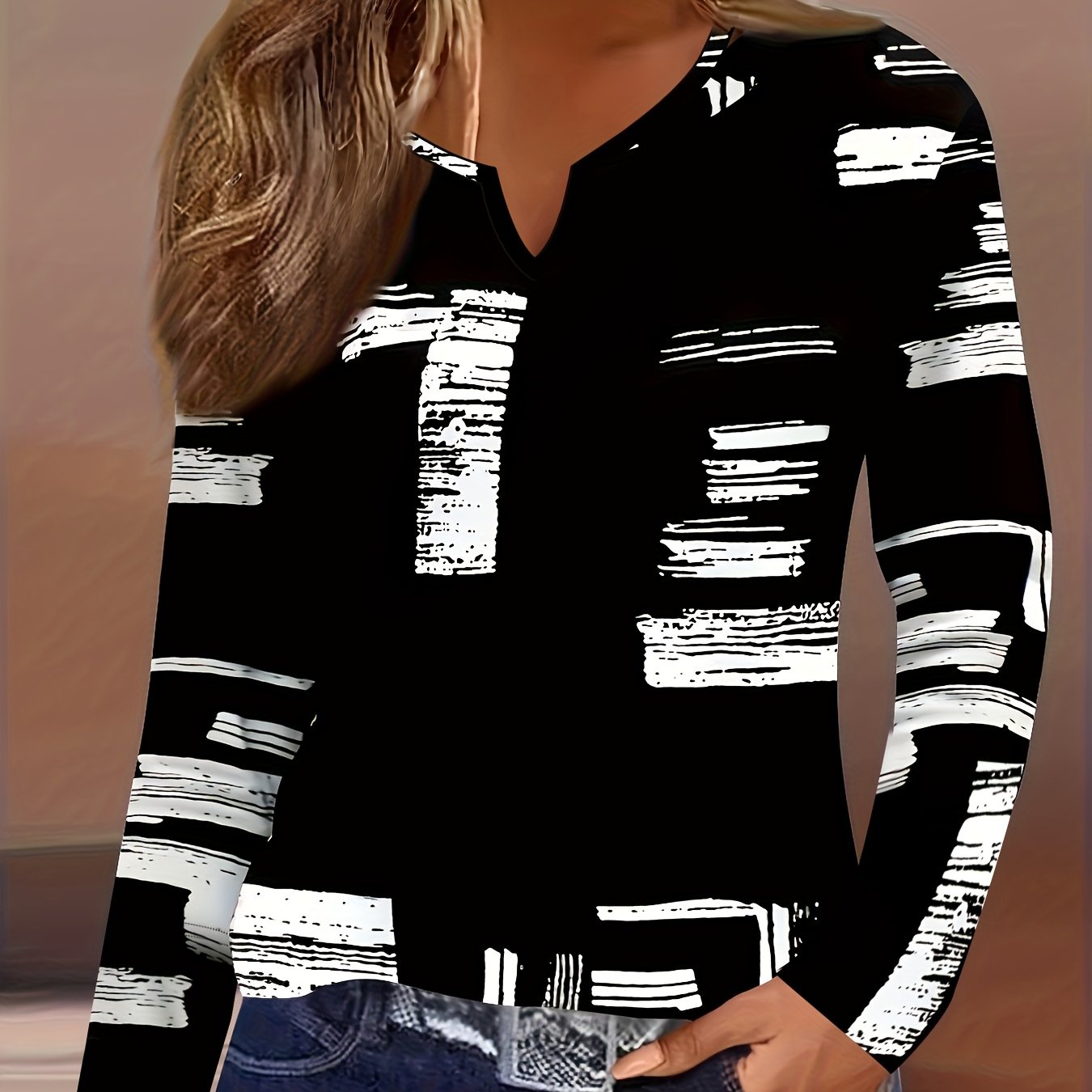 Image of Casual Fashion Holiday Women's Regular Block Print Long Sleeve V-neck T-shirt Top