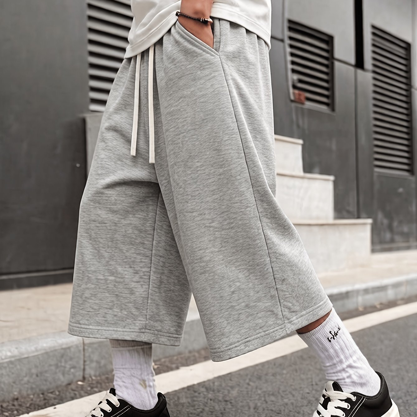 TEMU Youth Trendy Capri Pants With Elastic Waistband, Soft And , Featuring Practical Pockets, Street Style Capri Pants Suitable For Sports, Running,