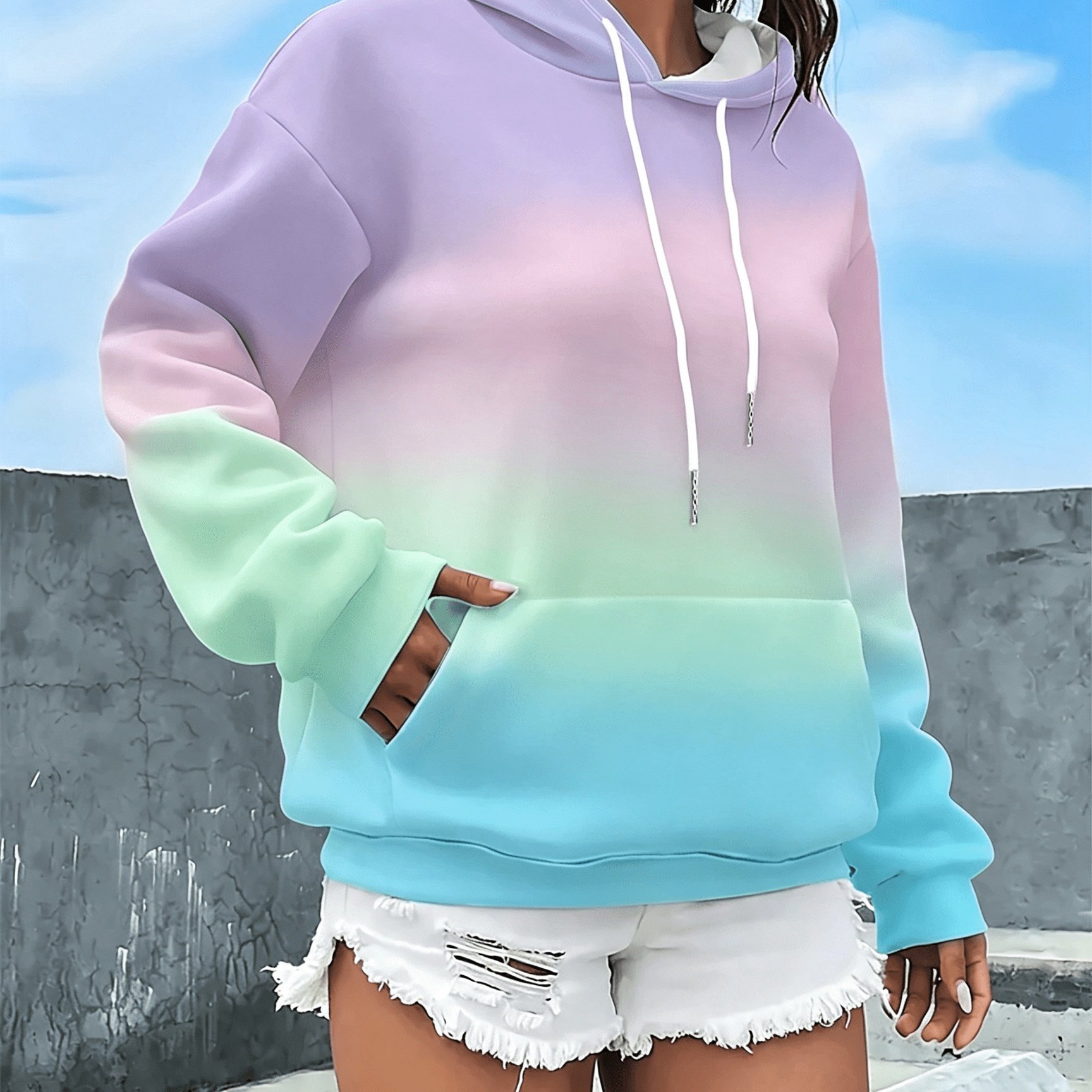 TEMU [printed Design-not Textured] Fashionable Women's Loose Style Hooded Sweatshirt, Pink-blue Gradient Soft Background Image - Effortless To Wear,