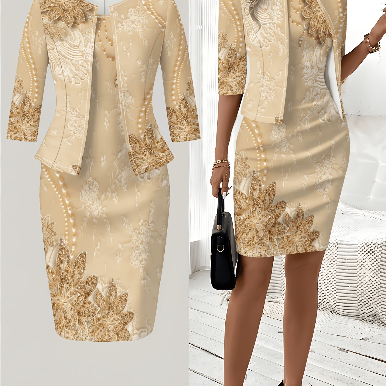item picture printed design   floral pearl beading pattern crew neck dress suit