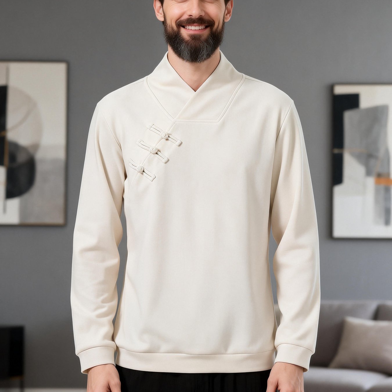 Men's Chinese Style Hanfu Frog Button Retro Casual Long Sleeve Base Layer Shirt