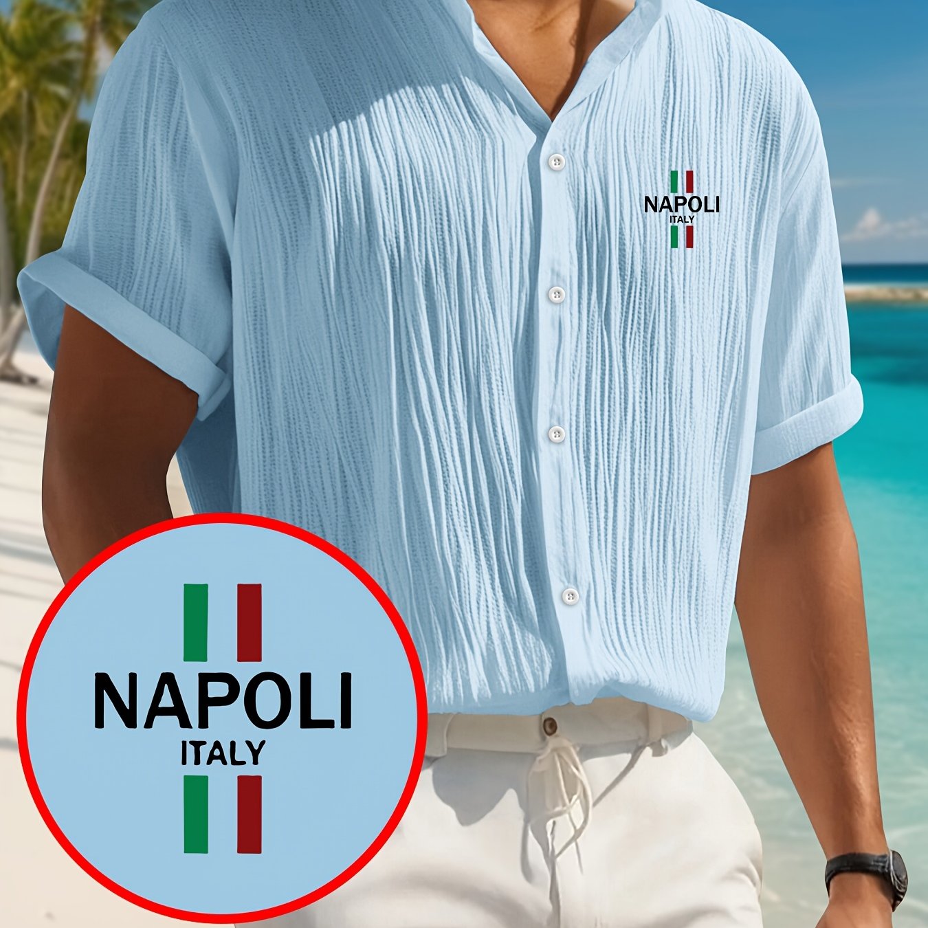 TEMU Men's Short Sleeve Shirt, Lightweight Breathable Button- Casual Shirt With Italy Pattern, Stand Collar, For Beach Vacation Pool Party And Casual