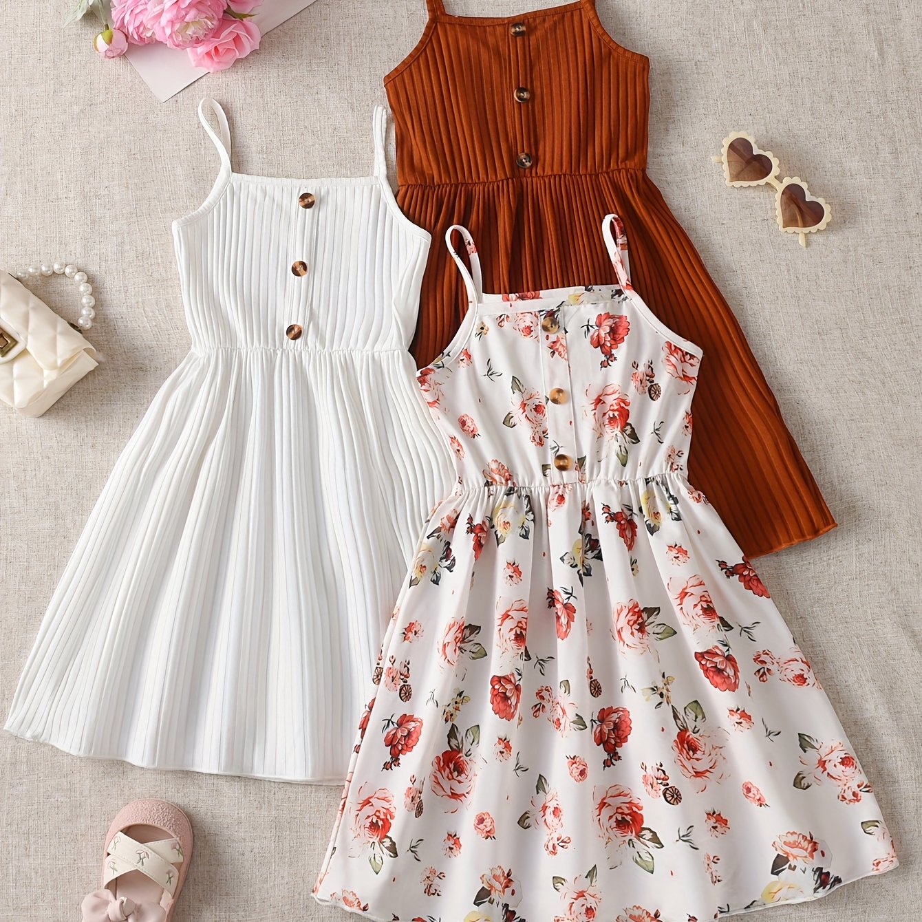 Image of A 3pcs Set Of Girls' Clothing Featuring A Sleeveless Floral Print Dress With Solid Color And Button Details, Perfect For , Vacations, And School