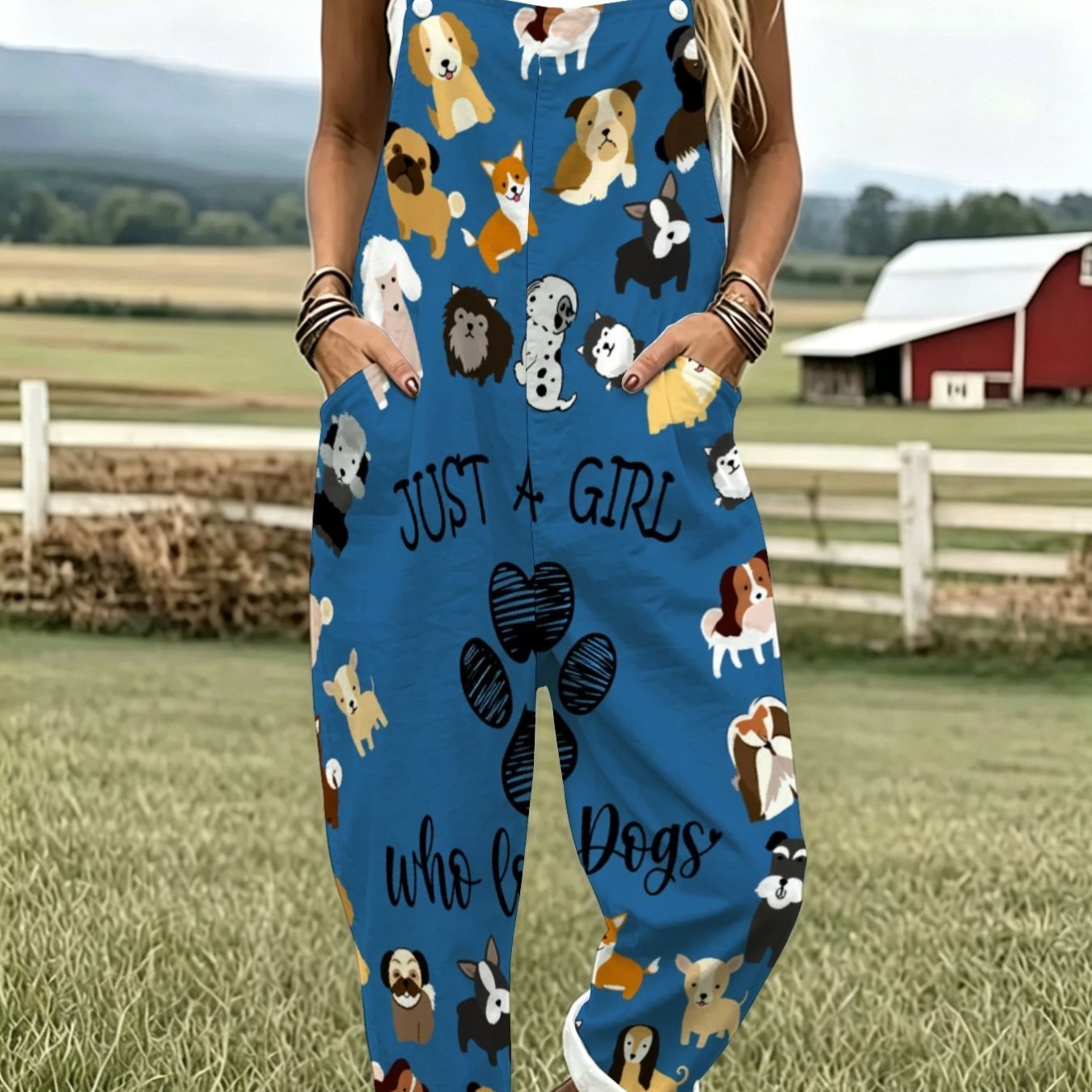 TEMU Women's Leisure Overalls Dog Puppy Happiness Graphics Canidae Poster Toy Dog Paw Fashion Sleeveless Button Design With Pockets Suitable For