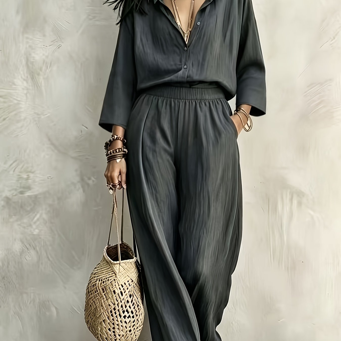 TEMU Women's Elegant Casual Solid Color Vacation Set, Relaxed 2pcs Outfit, Lapel Shirt + Wide-leg Pants, Bohemian, Casual Set, Beach Party Relaxed