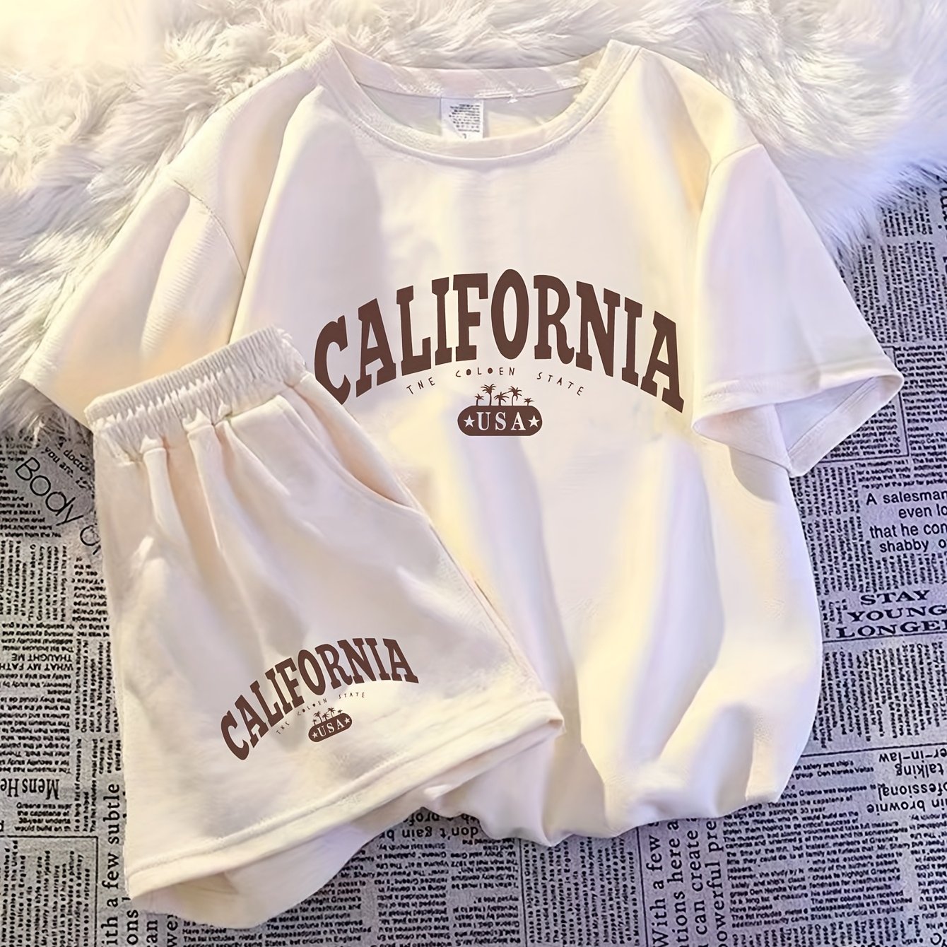 Image of Girls' Summer 2pcs Set, Fashion Letter Print Outfit For Girls, Little Girl's Round Neck Short Sleeve Shorts Two-piece Set As A Gift, Perfect For Outdoor