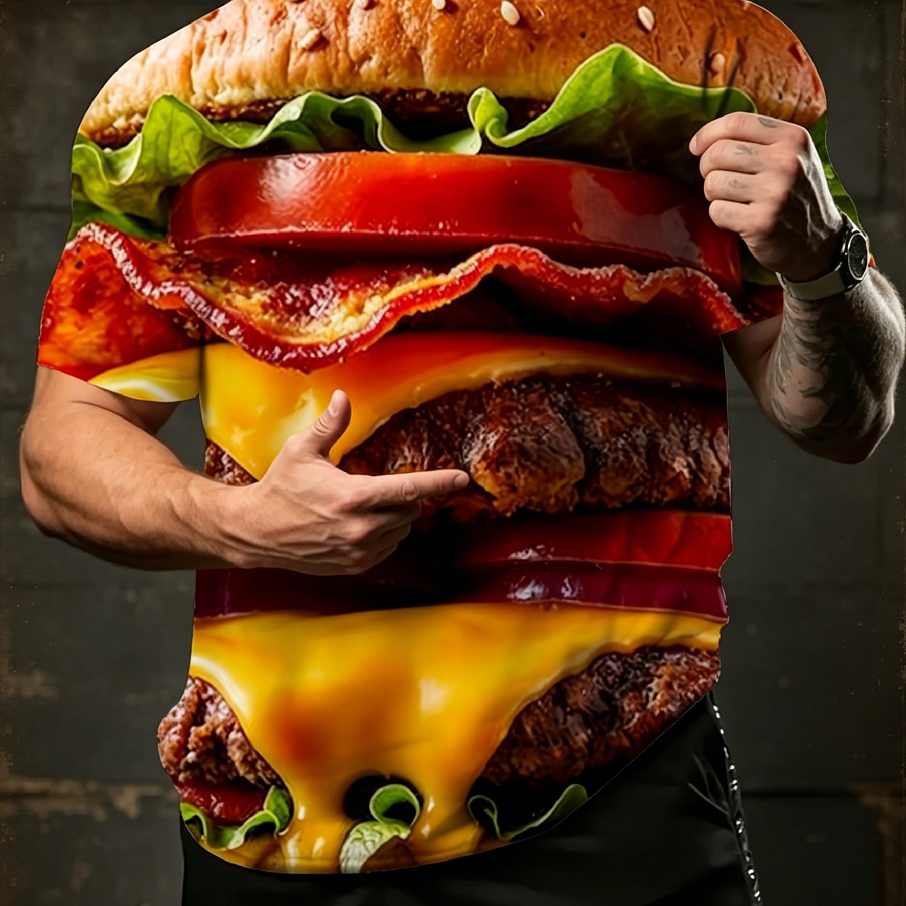 TEMU Printed Design - Not Textured] 2026 Summer New Arrival Men's Plus Size Short Sleeve T-shirt, Men's Fun And Realistic Double-layer Cheeseburger