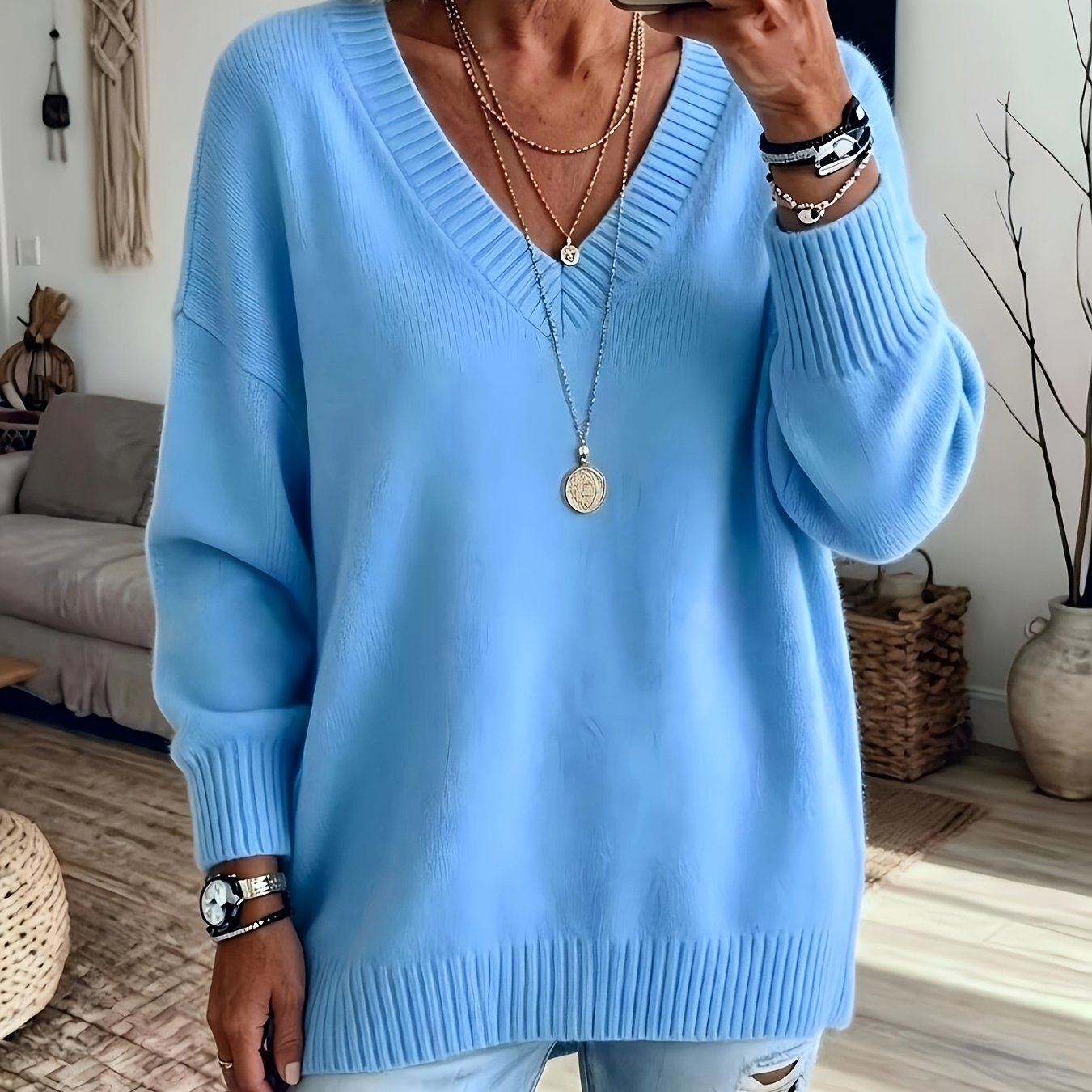 TEMU Plus Size - Women's Plus Size Autumn Winter Loose Deep V Neck Sweater, Casual Versatile Sweater, Holiday Christmas Gift
