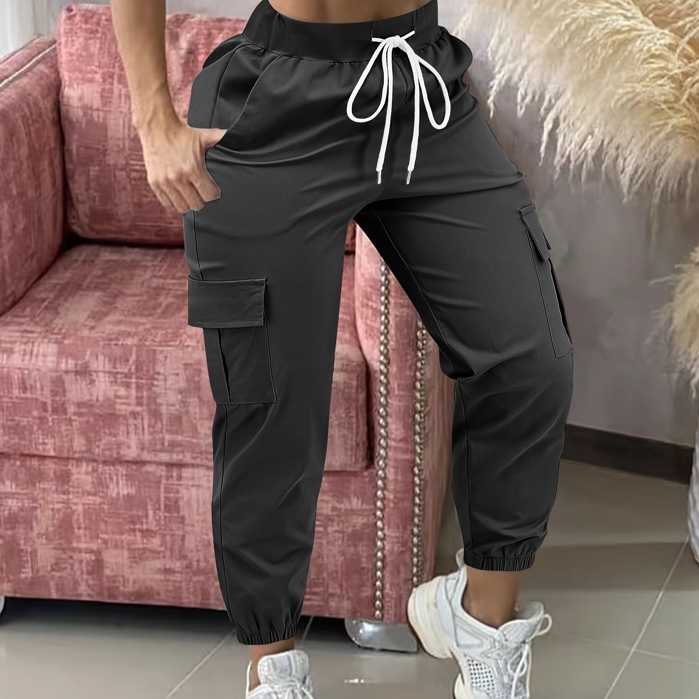 Image of Women's Casual Cargo Pants With Drawstring Waist, Beige, Multiple Pockets, Frayed Hem, White Sneakers, Fit, Casual Wear Pants | Frayed Hem Pants | Functional Pockets