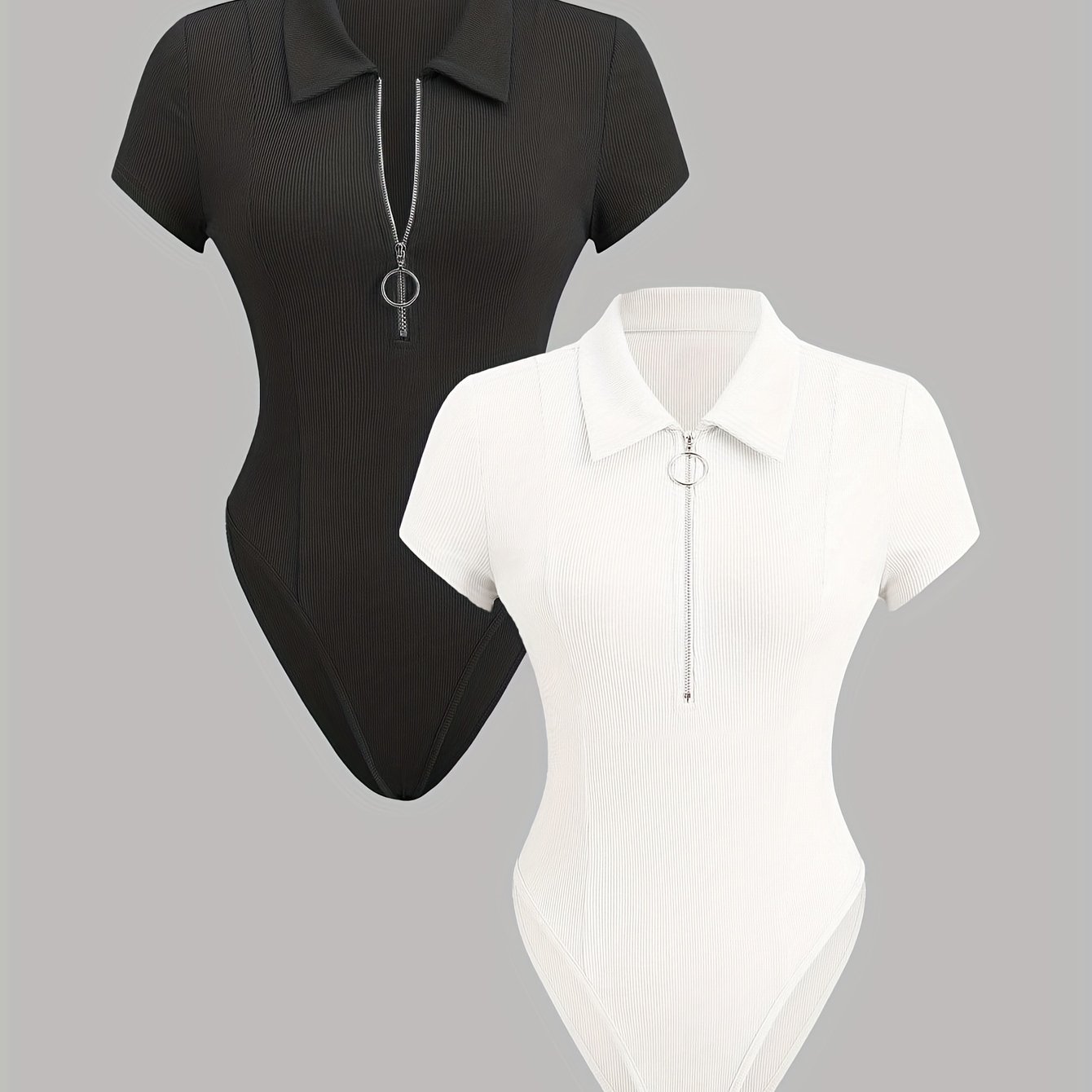 Image of 2pcs Black And White Zipper Short Sleeve Bodysuit Set, Fashion Athletic Bodycon Top, Women's Clothing