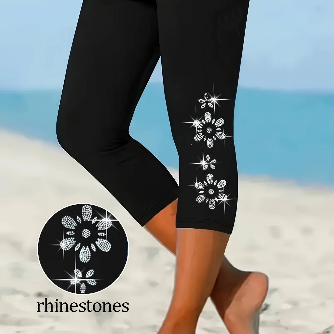 Image of Women's Rhinestone Capri Pants - High-elasticity Rhinestone-embellished Tight Capris, Solid Color - Wear, Machine Washable Slim Pants For Dressy-casual Outfits (non-)