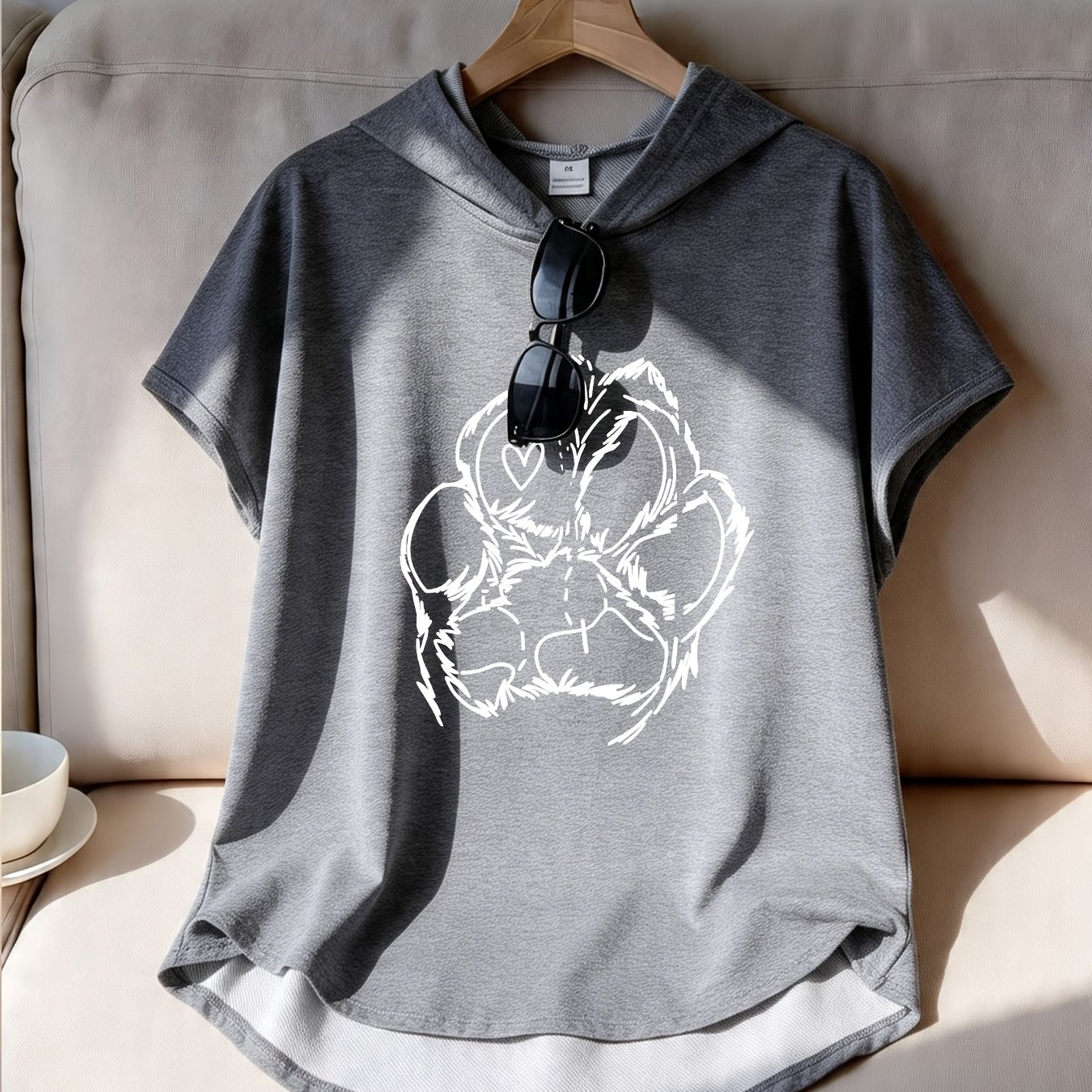 TEMU 1pc Fashion Top, Stylish Women's Waist-cinching Batwing Short Sleeve Hooded Sweatshirt With Line Art Dog Paw Print, Loose Fit Casual Short