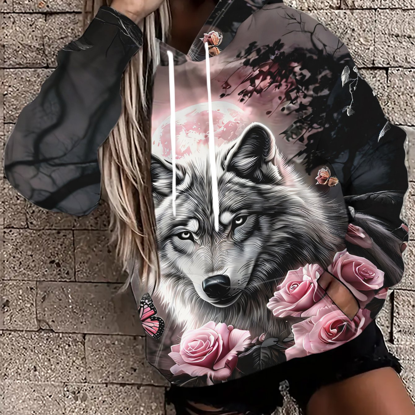 TEMU Fashion Women's Loose Street Style Hooded Sweatshirt - Forest With Silvery Wolf And Pink Rose, Colorful Butterflies, Mysterious And Aesthetic -