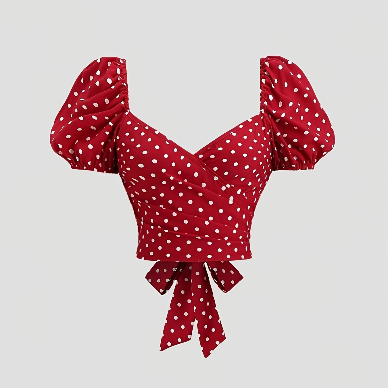 TEMU Women's Vintage Red Polka Dot Puff Sleeve V-neck Crop Top With Tie Straps, Suitable For And Date Necessities