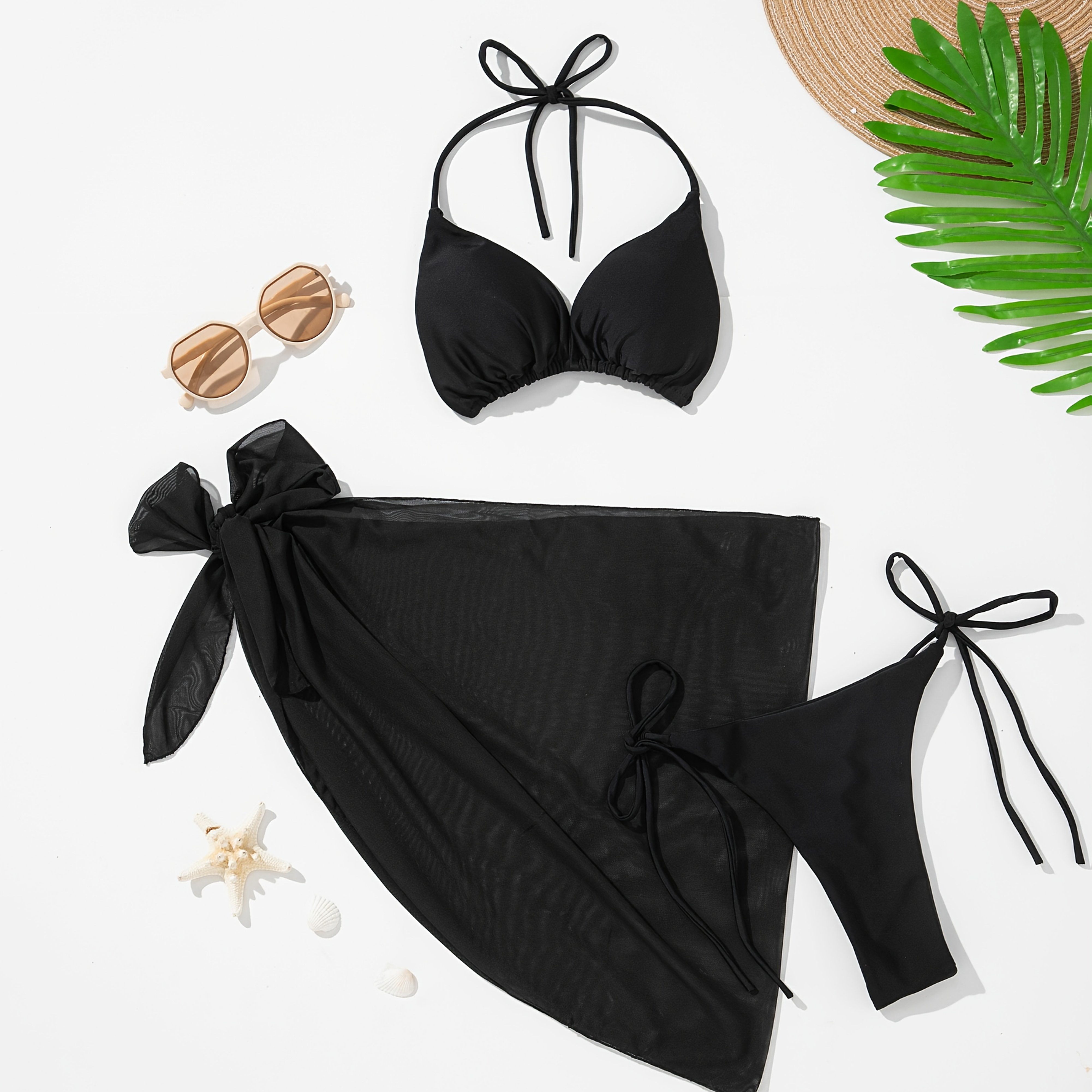 E-shop Neues europäisches und amerikanisches, einfarbiges, sexy, modisches 3-teiliges Set mit Spitze, Damen-Split-Bikini und Schürze