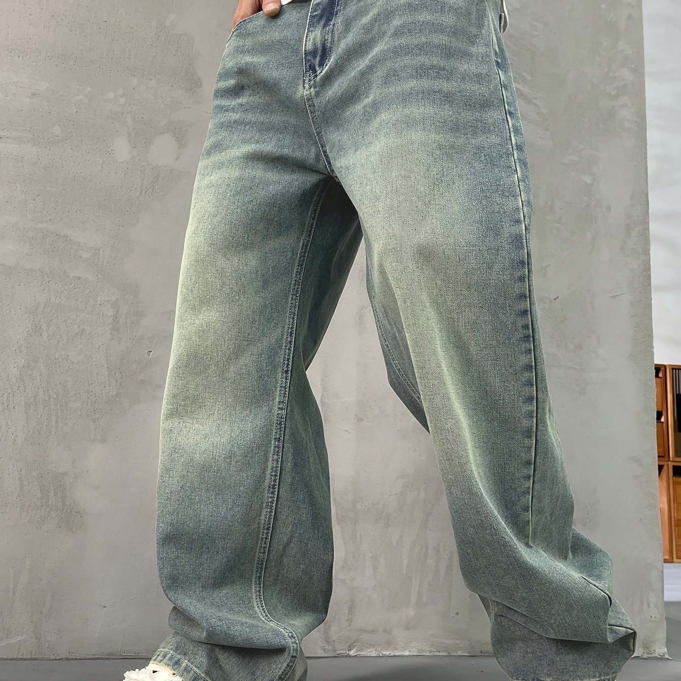 Men's Loose Wide-leg Jeans Light Blue Washed Denim Style Fashion