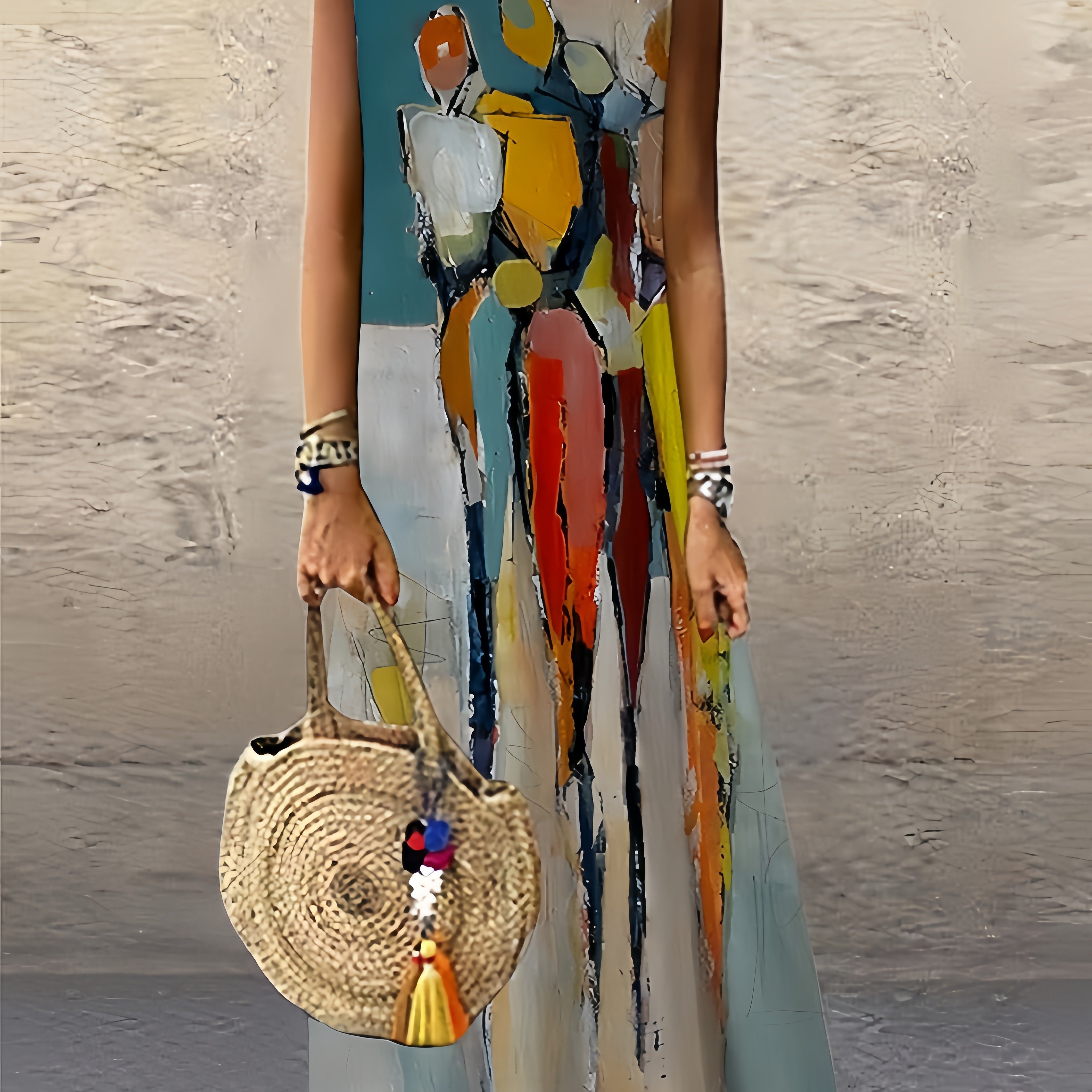 Women's Casual Long Dress With Round Neck, Sleeveless, Color Block Print, New Arrival