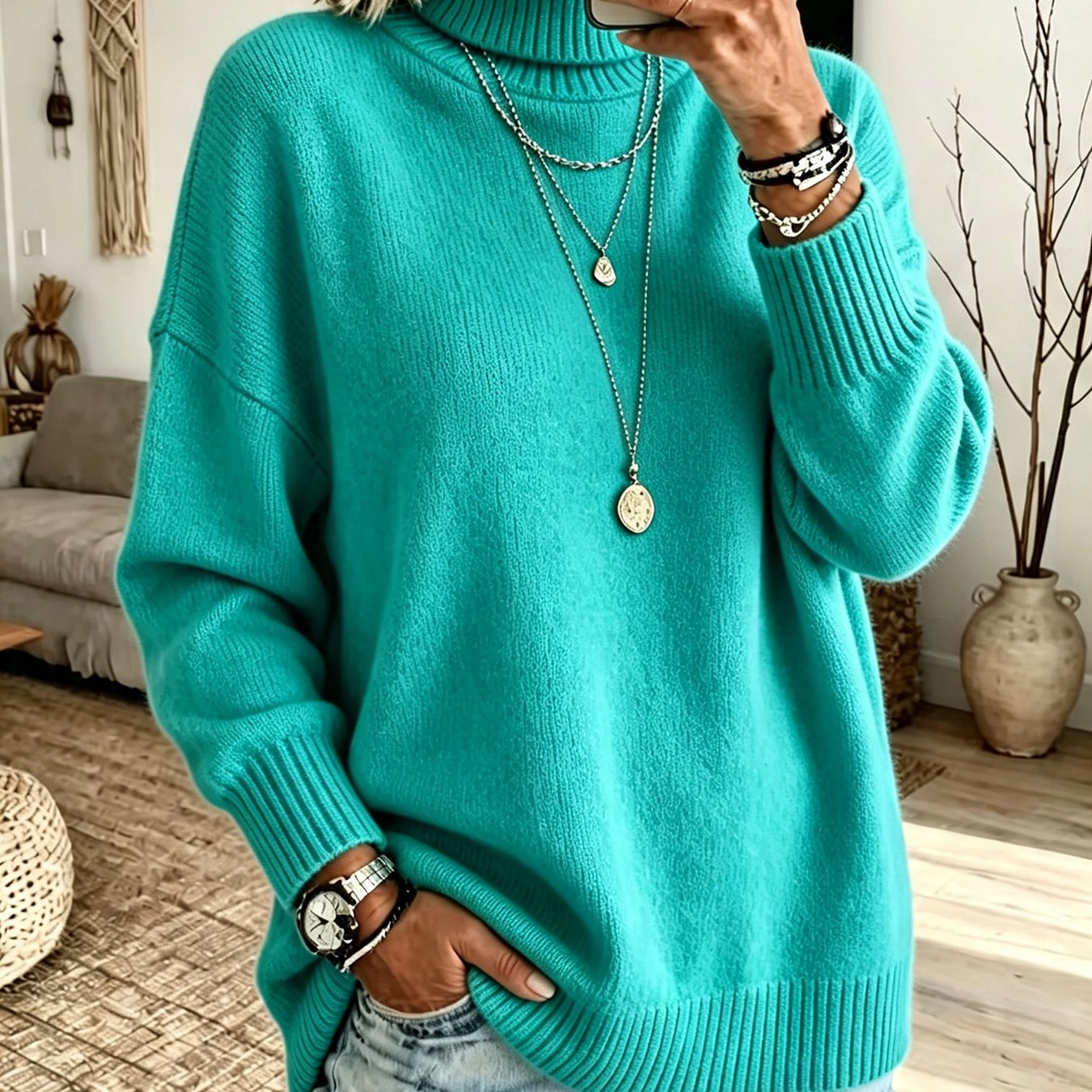 TEMU Herfsttop met hoge hals voor dames, kleur, losse pasvorm met verlaagde schouders, lange mouwen, casual en elegante top