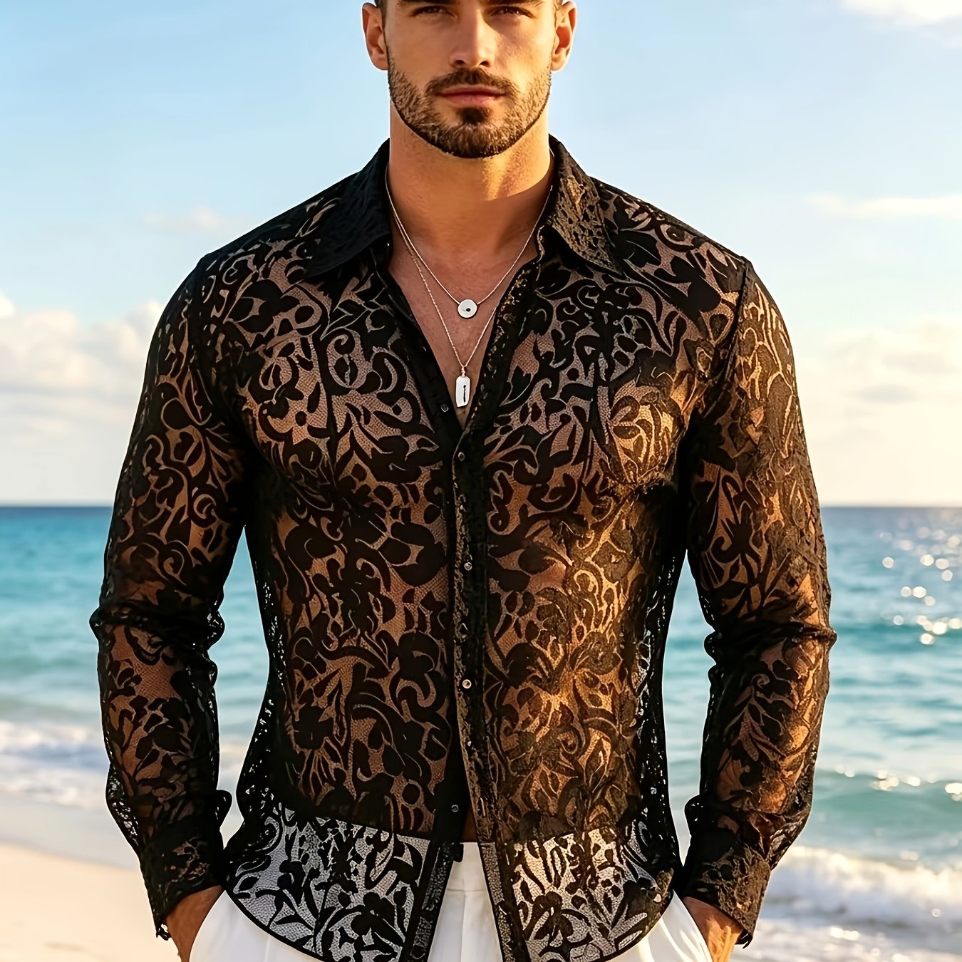 TEMU Men's Lace Mesh Long Sleeve Shirt