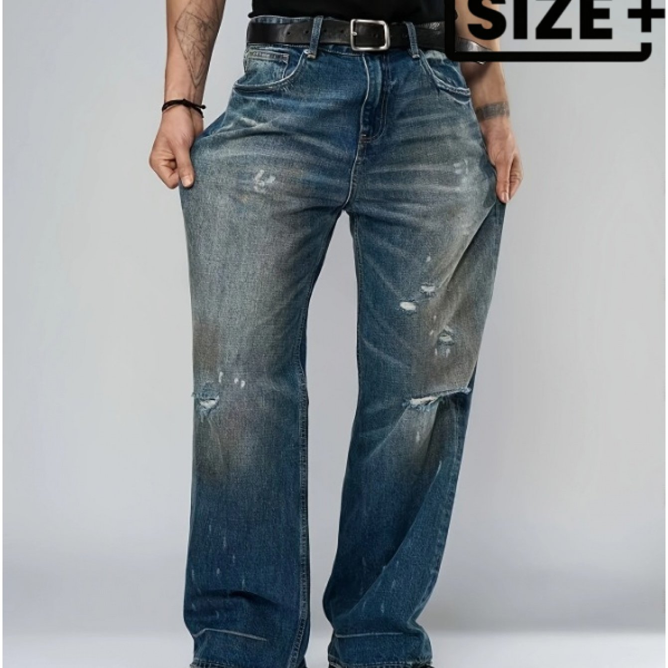 Image of Hme Men's Non-stretch Straight Jeans | Heavyweight Denim, 3d Tailoring Mid-rise Design, Machine Washable, Ripped Washed Detail, Style For Fall/winter, Plus Size