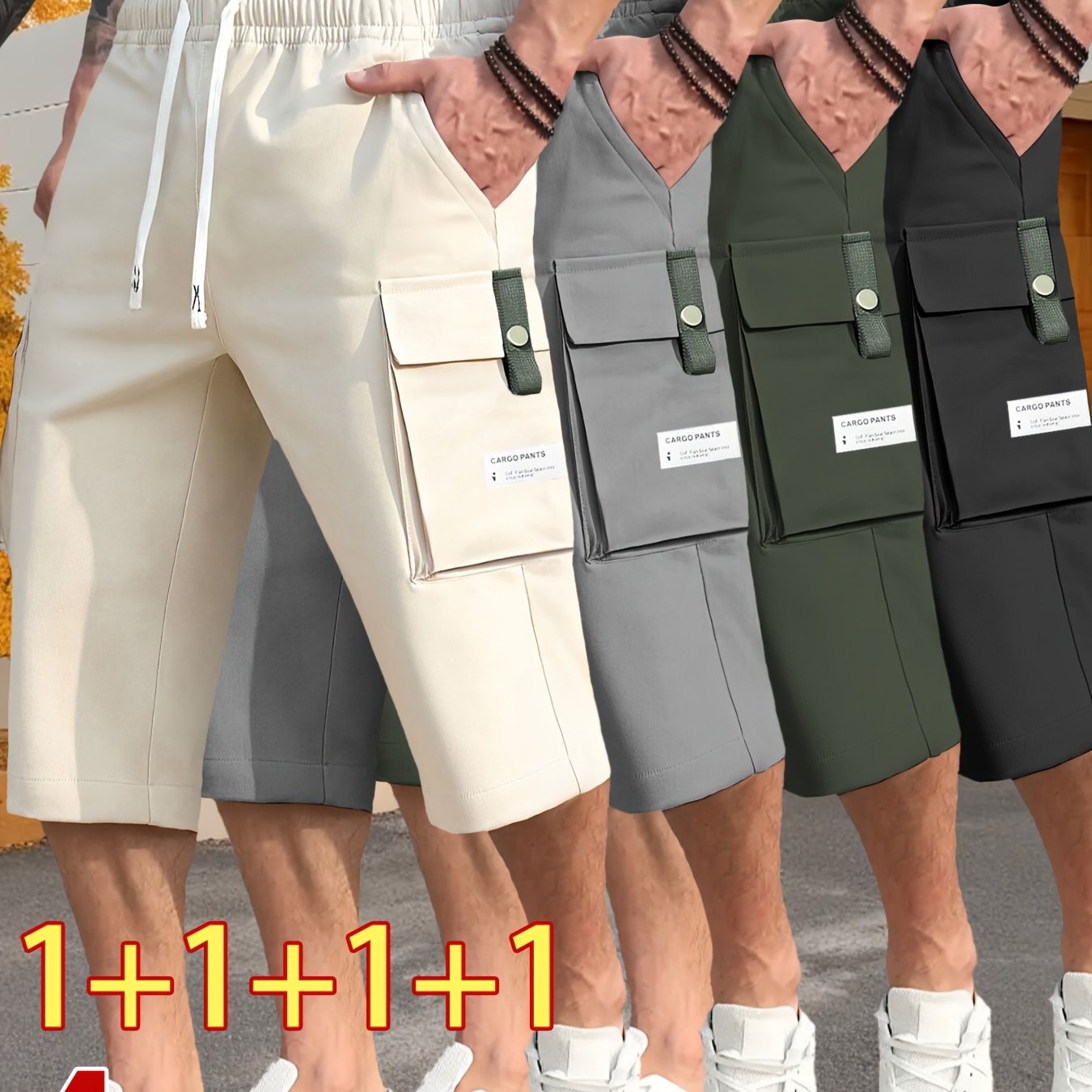 Image of 4pcs Men's Casual Cargo Shorts Set, Elastic Drawstring, Flap Pockets, Loose Fit, Non-stretch Fabric, 100% Polyester, Multi-functional Shorts, Suitable For Outdoor Hiking And Daily Wear