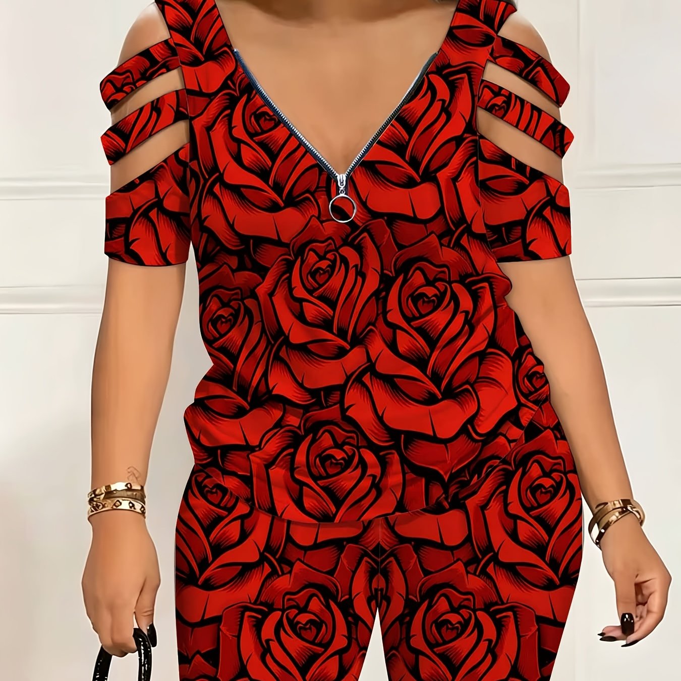 Women's Fashion Two-piece Set, Hand-painted Red Rose Print Off-shoulder Zip-up Top With Shorts, Suitable For Daily Casual