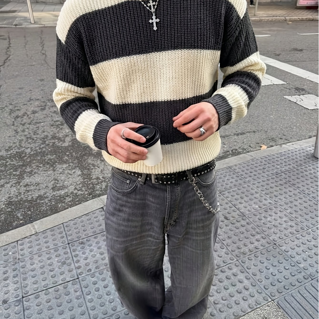 TEMU Autumn/winter Color-block Striped Crew Neck Trendy Minimalist Style Men's Pullover Knit Top