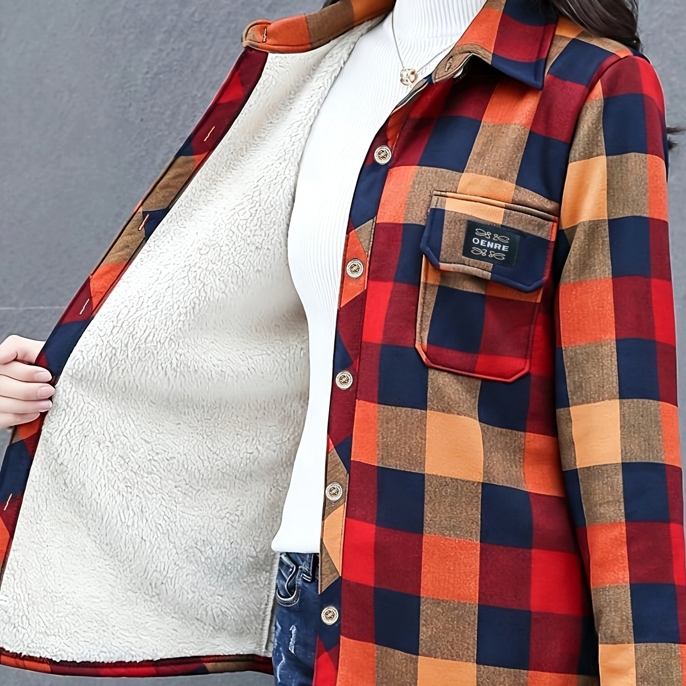 TEMU Autumn Winter Fleece Thick Shirt Women's Retro Lapel Loose Warm Long Sleeve Shirt Jacket