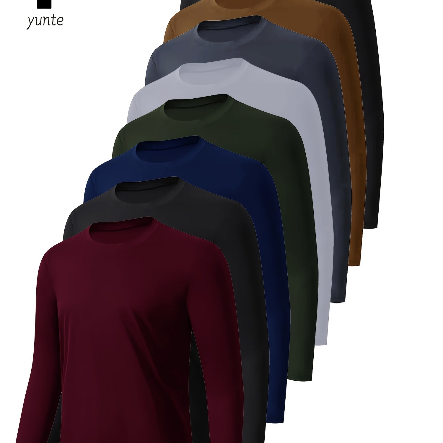 Image of 8-color 8pcs Set Of Dark Red-black-navy Blue-army Green-white-gray-khaki- Athletic Long Sleeve Round Neck Shirts, Quick-, Fitness Athletic Wear, Casual Outdoor Sports Wear, Body Shaping Fitness Wear