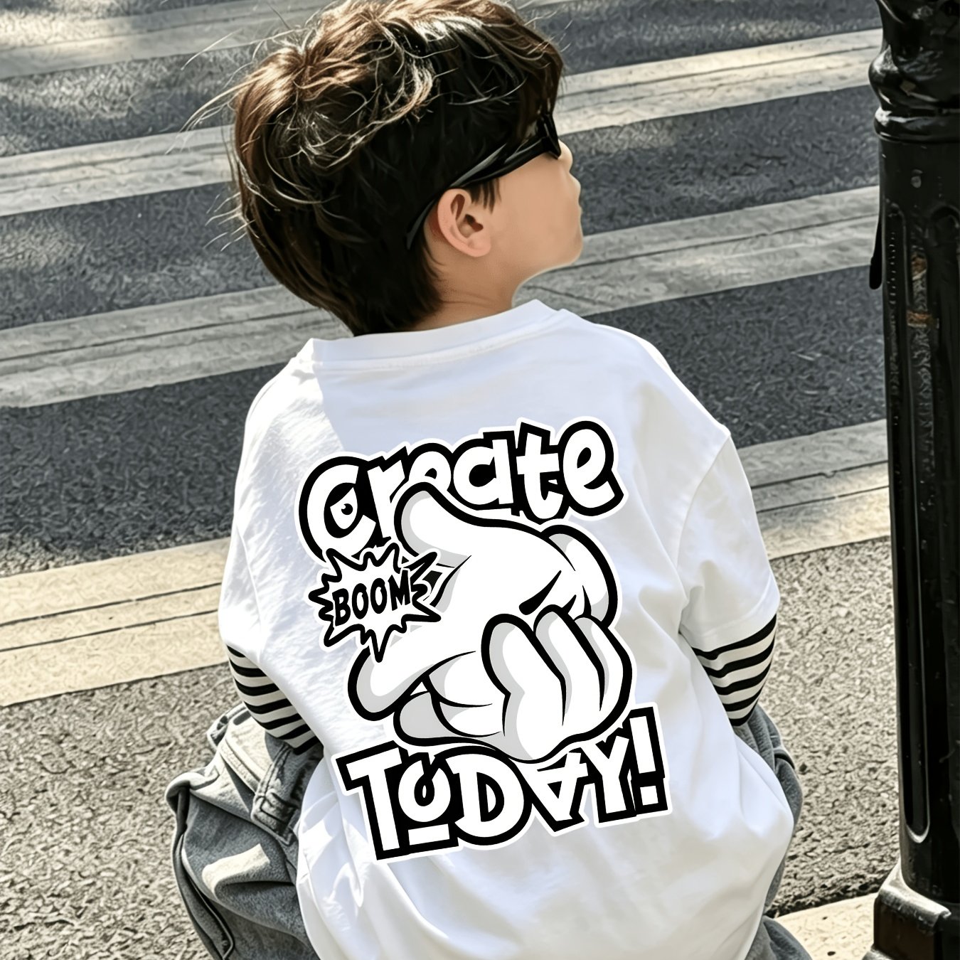 TEMU 1pc Boys' Two-piece Black And White Striped Top - Boys' Mid-size Fashion Black And White Striped Two-piece Versatile Trendy T-shirt Top