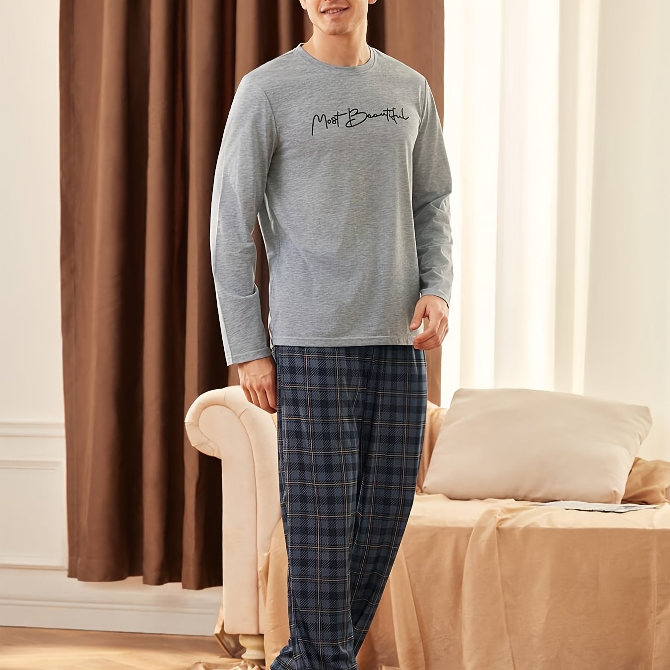 Men's Letter Print Long Sleeve Top And Long Pants Pajama Set