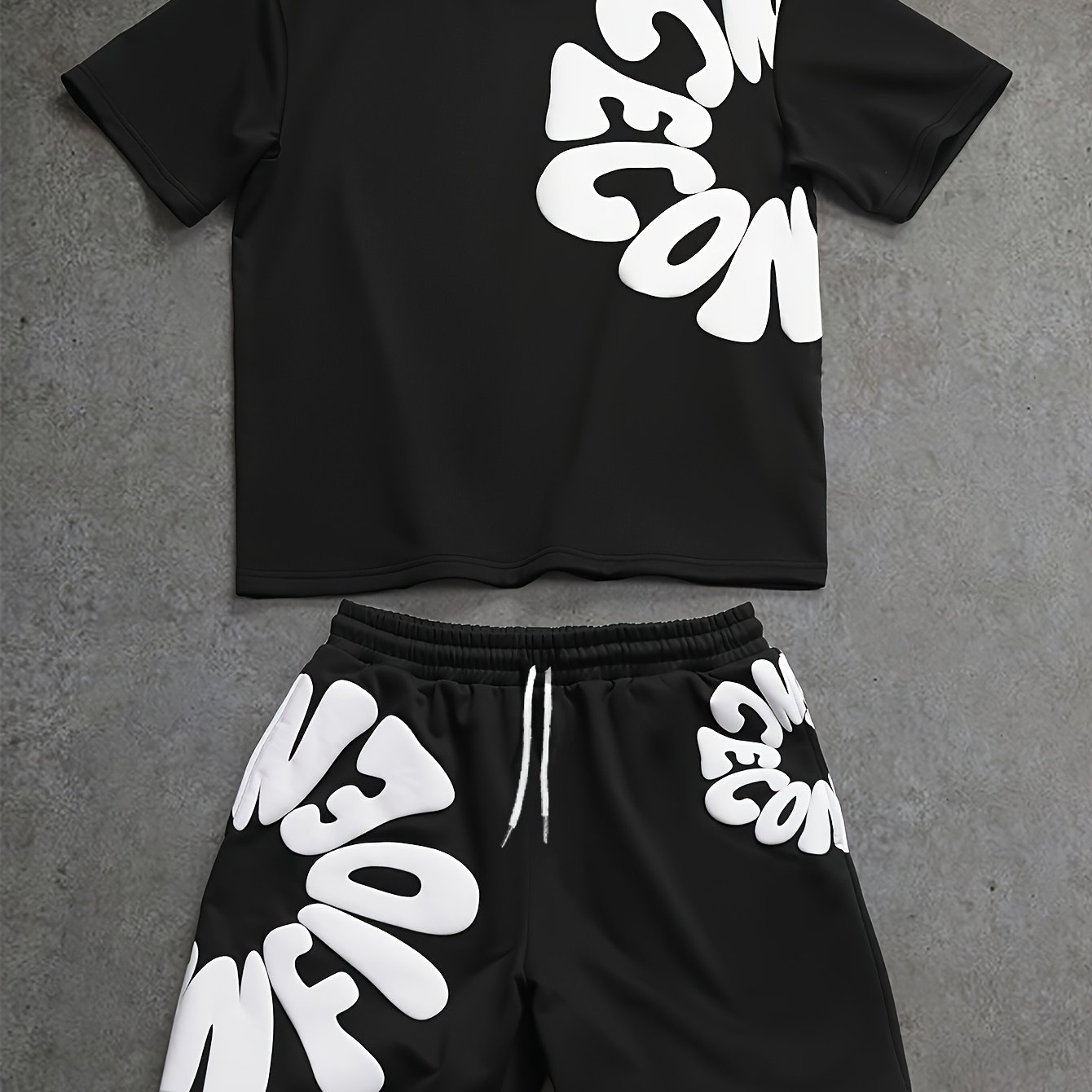 TEMU Style Black Foam Letter Print Short Sleeve Shorts Set, With Built-in Trendy Cool Aura
