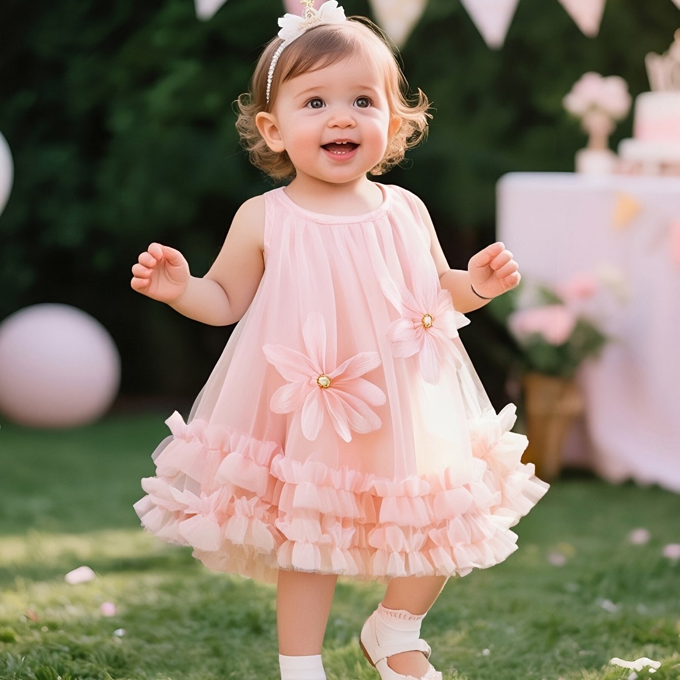 Image of Girls' New Summer Sleeveless Mesh Breathable Sweet Three-dimensional Flower Cute Dress, Wedding Outfit, Children's Gift