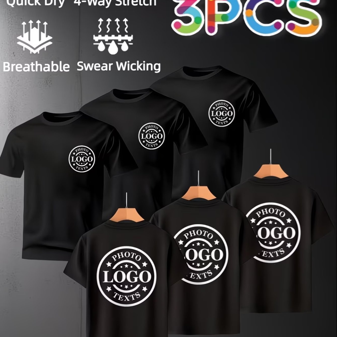 TEMU Free Customization, Factory , Pattern Customization Men's And Women's 3- Piece T- Shirt Set, Can Print Pattern Life Photos, , Men's Sports Round