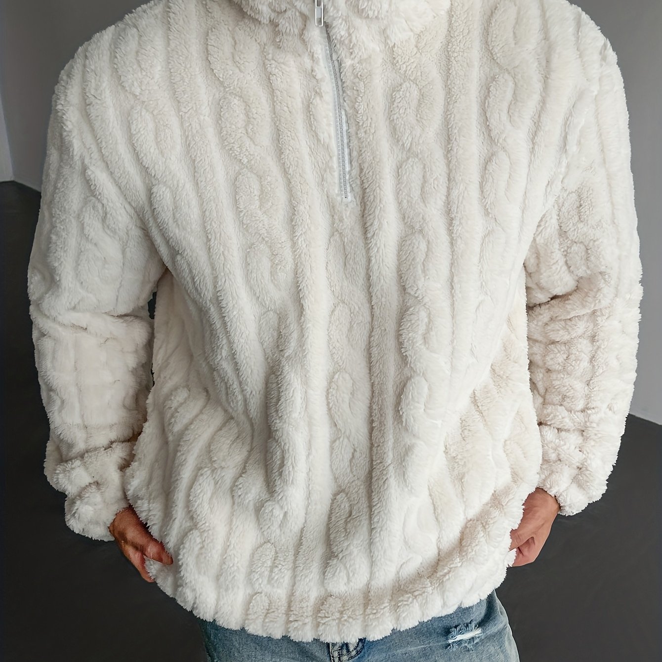 TEMU Veste Sweat en Peluche Tendance pour Homme, Pull Uni à Demi-Zip, , les Décontractés, Douce et Chaude, Manches Longues, Automne/Hiver
