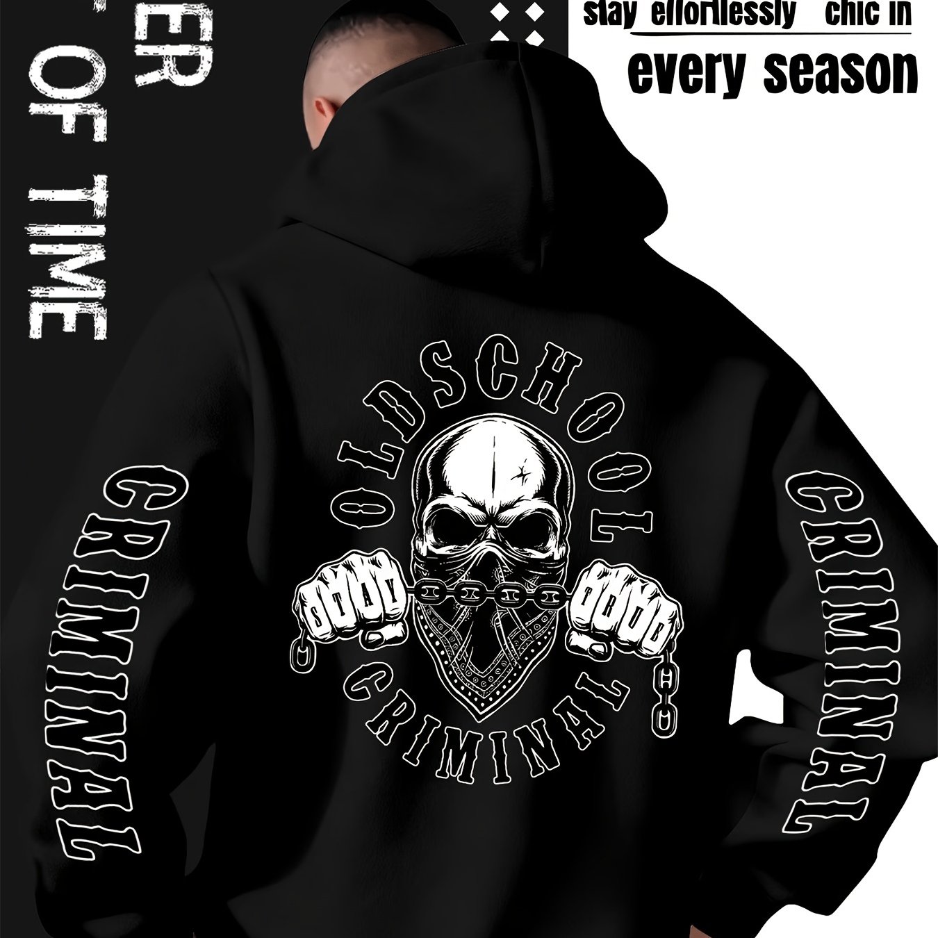 TEMU Halloween Costume Men's Plus Size Vintage Hooded Sweatshirt - Retro Streetwear Hoodie With Skull Print, Machine Washable Pullover Suitable For