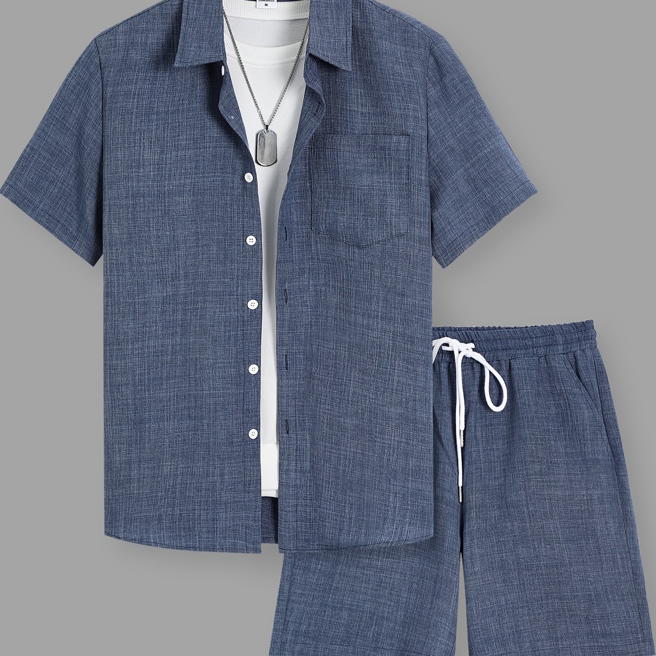 TEMU Men's Casual Summer Outfit Featuring A Short-sleeve Collared Shirt With A Single Patch Pocket And Drawstring Shorts With Slanted Side Pockets, A Two-piece Set