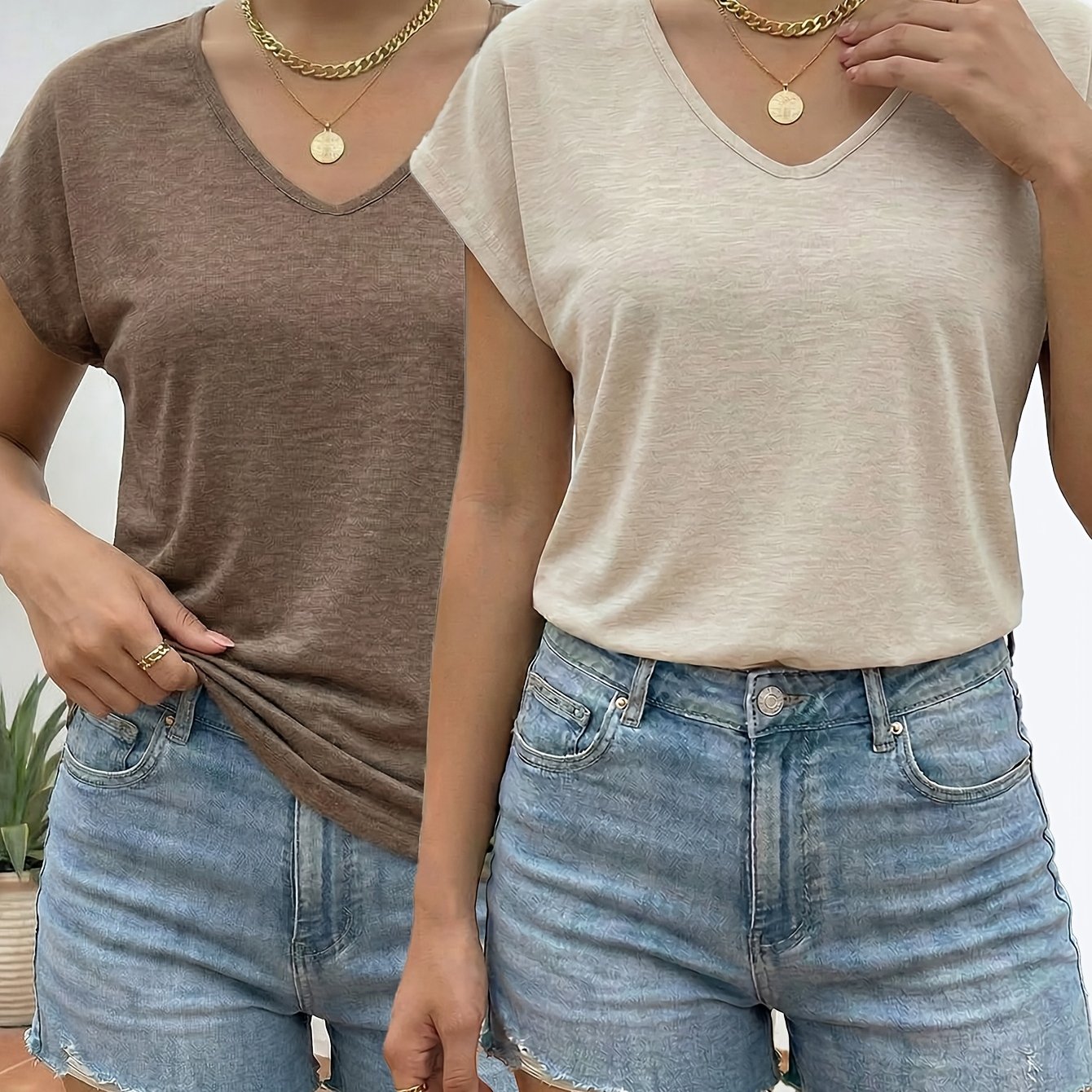 TEMU 2 pezzi T-shirt da donna con scollo a V - Camicette morbide elasticizzate a maniche corte e vestibilit� , scollo adatte per casa e abbigliamento