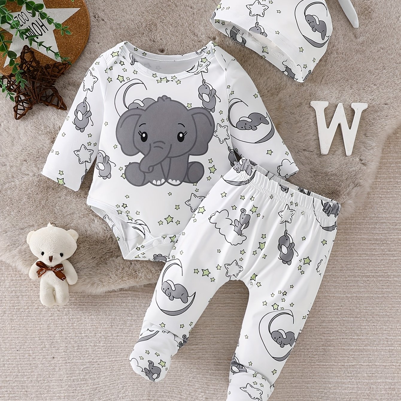 Image of Cute Star Cartoon Pattern Baby Romper And Pants Set With Hat, Spring/autumn Infant Boys' Outfit, Crawling Clothes, Outing Wear, For Outdoor