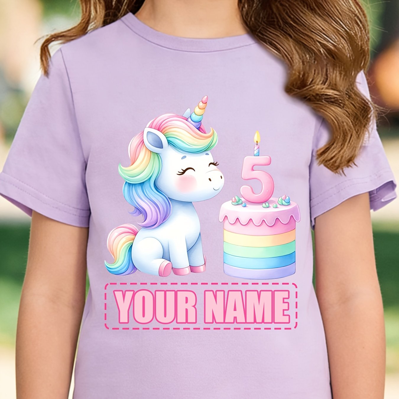 Image of Customizable Adorable Cartoon Rainbow Unicorn T-shirt With A Slogan Design For Girls Celebrating Their 5th Birthday
