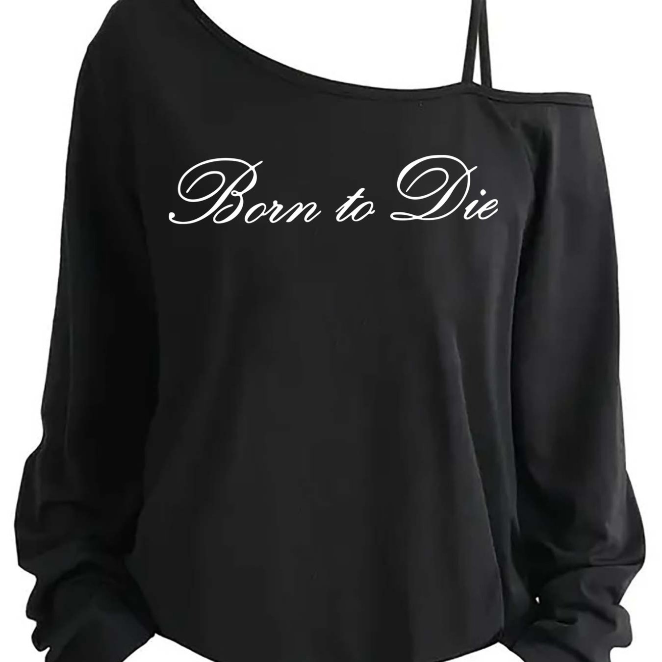 TEMU One-shoulder Long-sleeve T-shirt For Women, Featuring A '' Death-themed Print With An Asymmetrical Strap, Drop Shoulder Design, Casual And ,