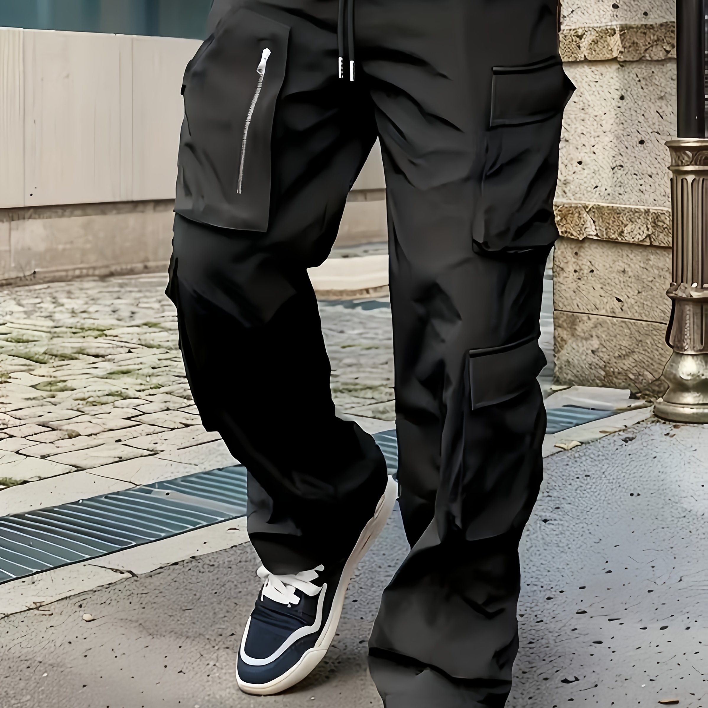 Image of Men's Casual Cargo Pants With Multiple Zippered Pockets - Loose Fit, Elastic Waistband, Perfect For Spring/fall Outdoor Activities, Attire | Relaxed Fit Pants | Functional Pockets