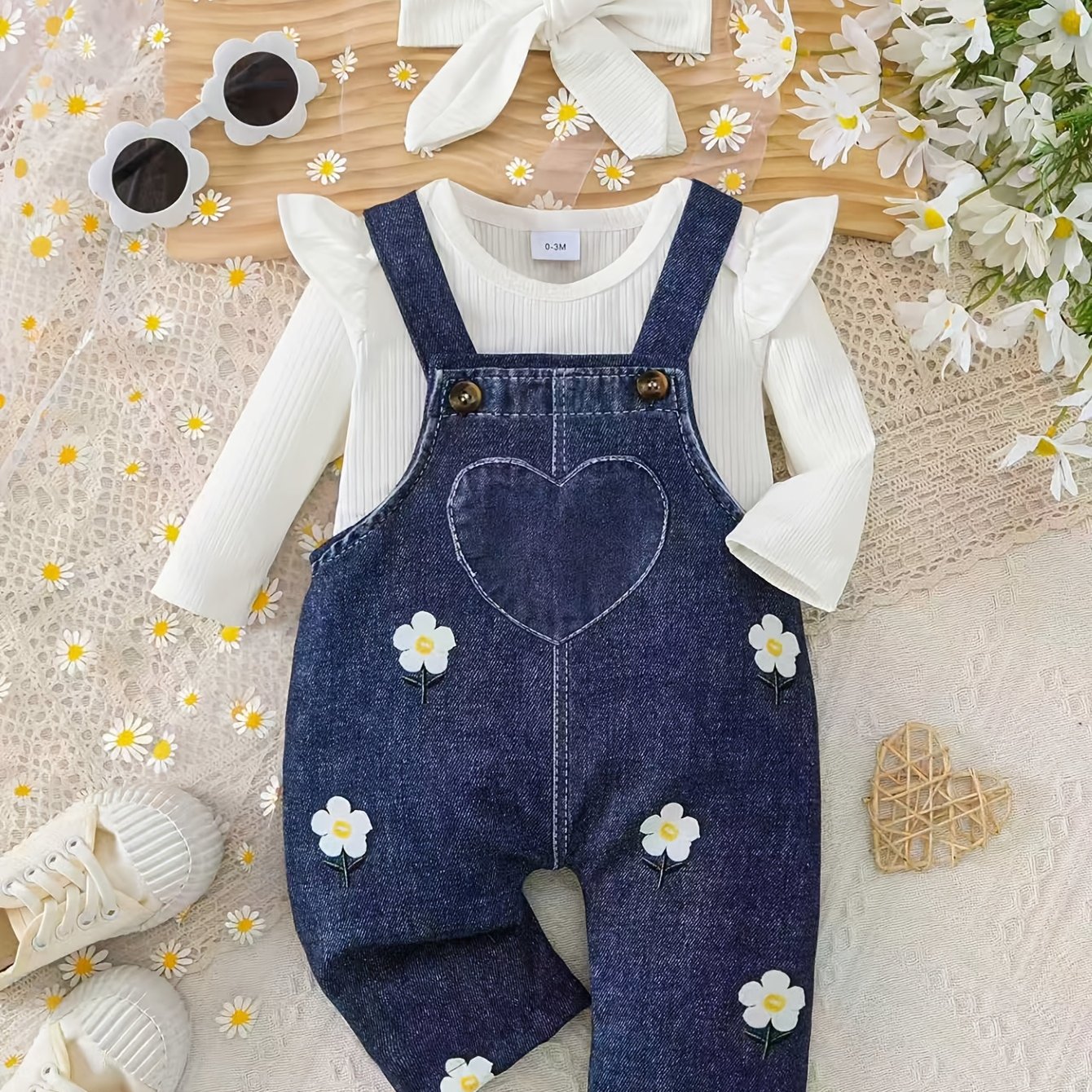 Girl Striped Flutter Sleeve Top And Heart Flower Overalls With Adjustable Straps And Headscarf 3-piece Set