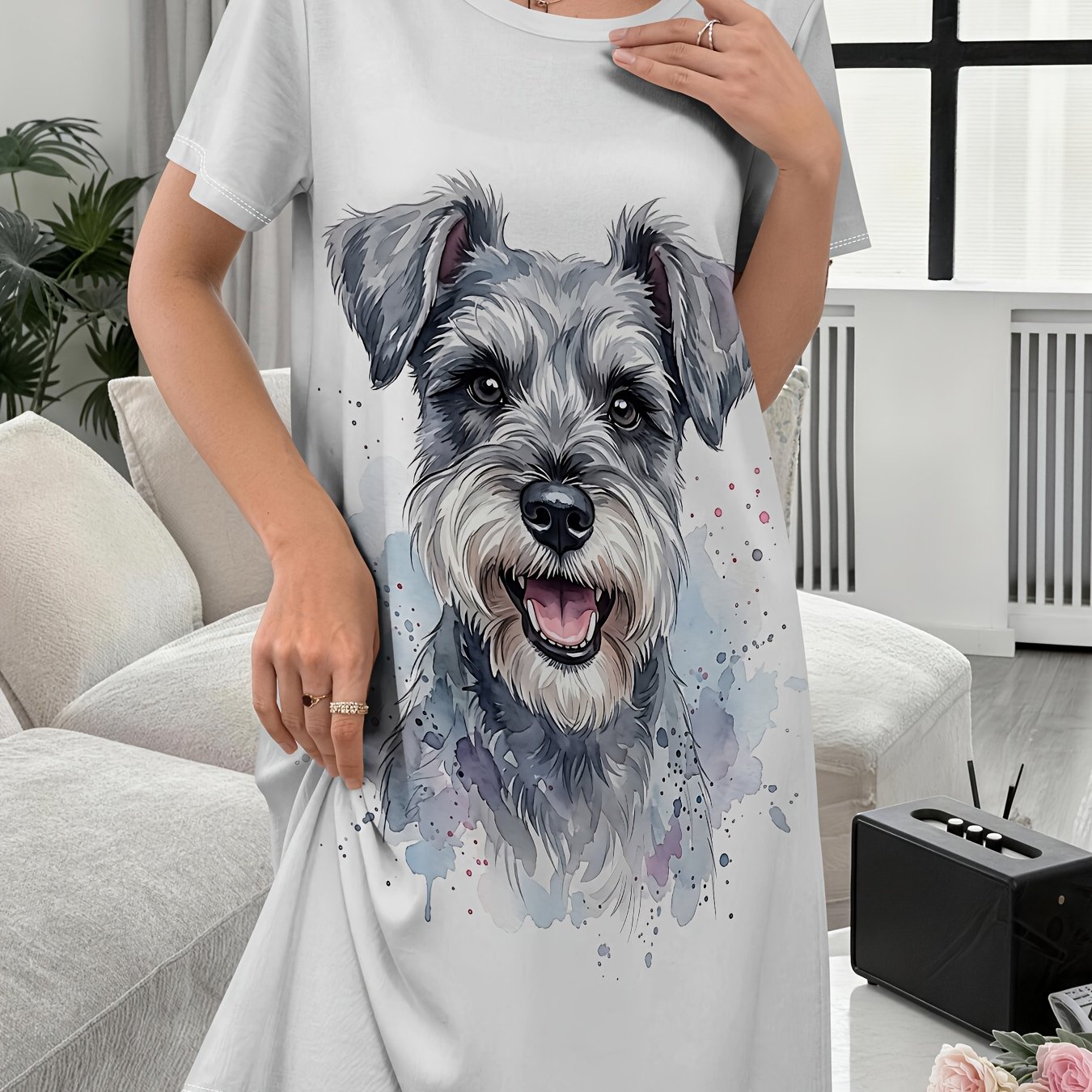 TEMU Women's Nightgown, Casual Nightgown With Simple Watercolor Schnauzer Pattern, Comfortable For , Ladies' Nightdress, Elegant Women's Clothing For
